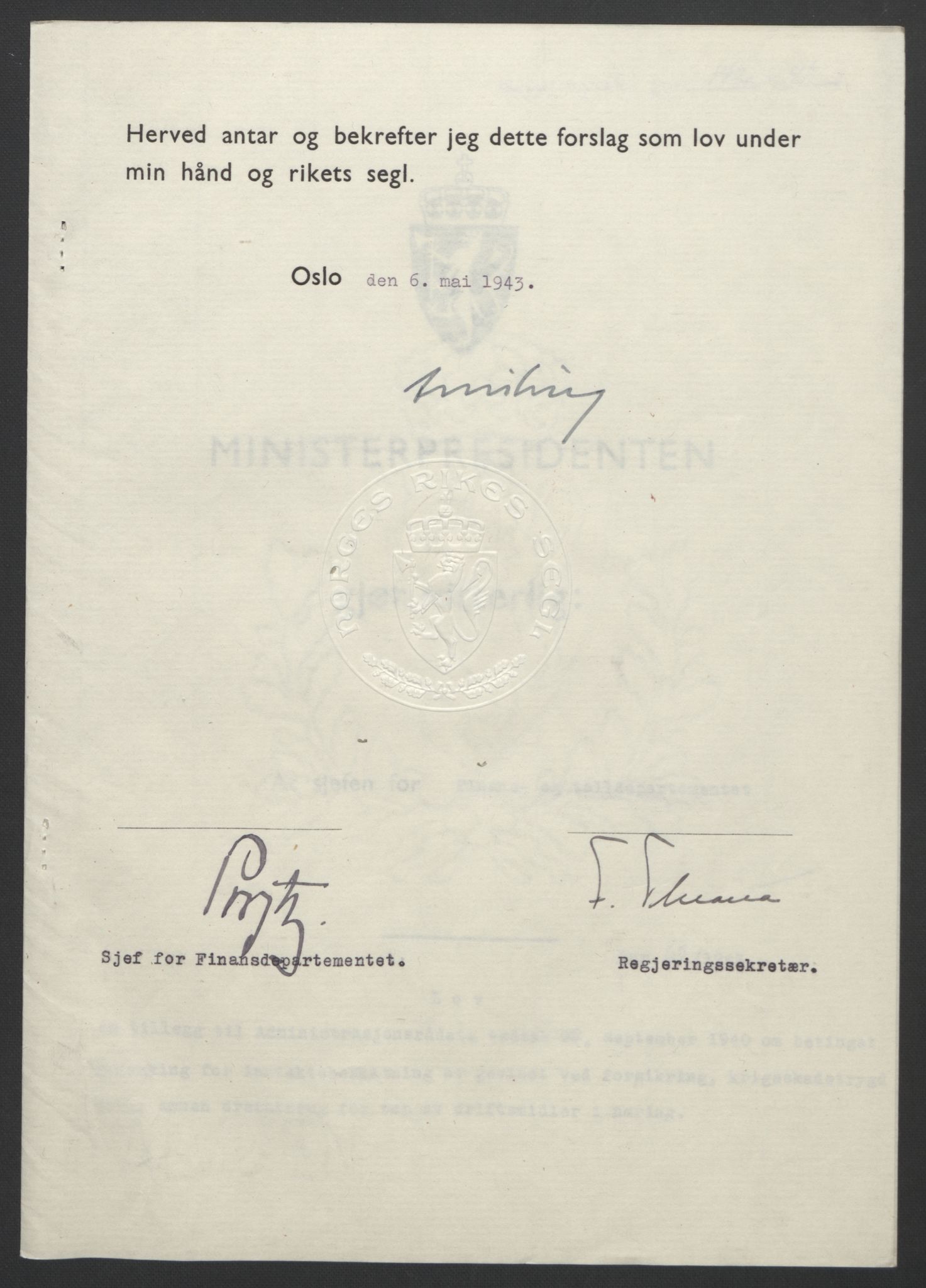 NS-administrasjonen 1940-1945 (Statsrådsekretariatet, de kommisariske statsråder mm), RA/S-4279/D/Db/L0099: Lover, 1943, s. 319