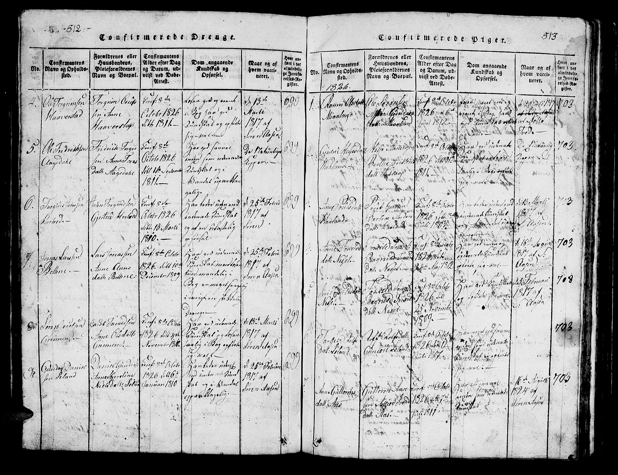 Bjelland sokneprestkontor, SAK/1111-0005/F/Fb/Fbc/L0001: Klokkerbok nr. B 1, 1815-1870, s. 512-513