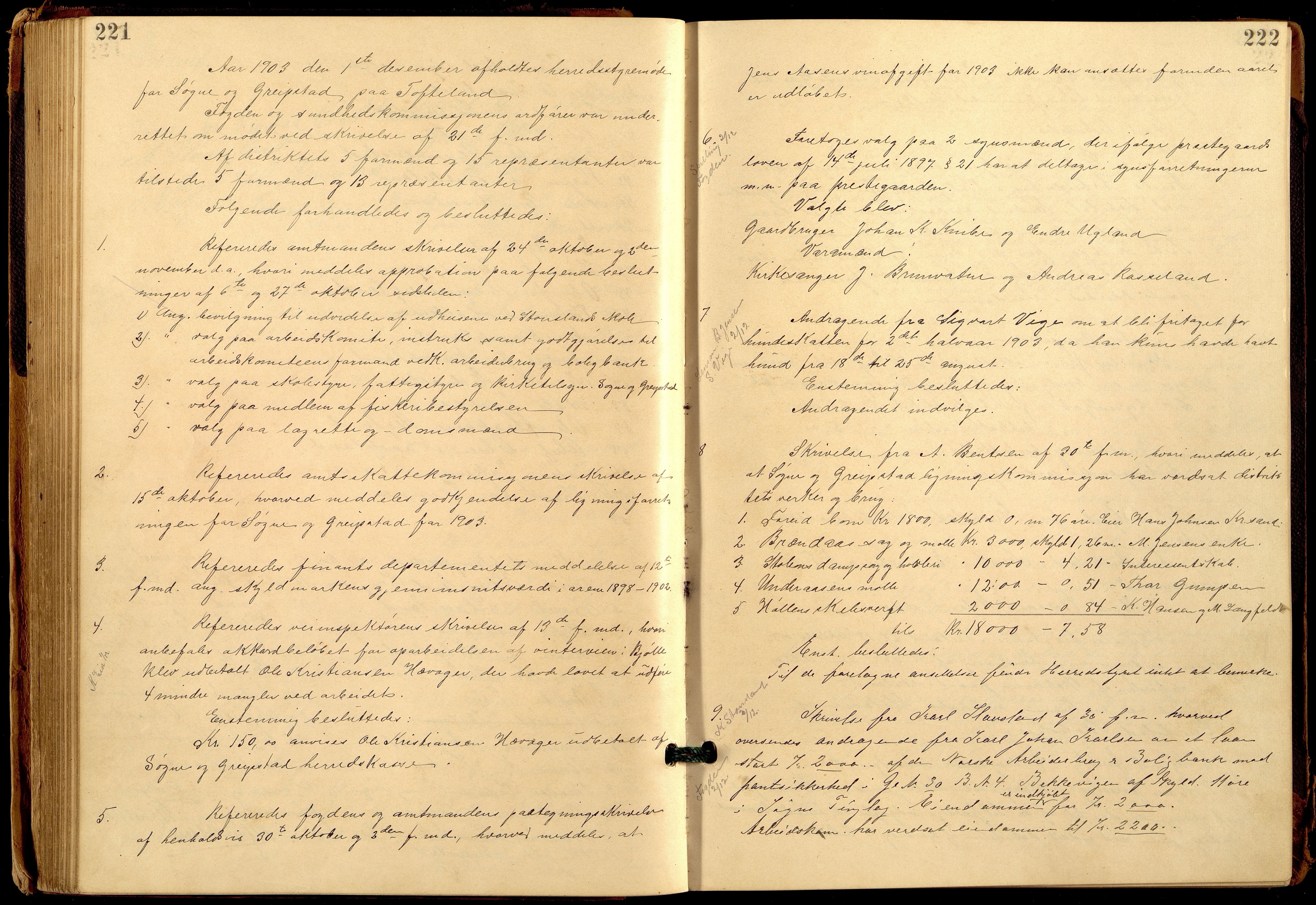 Søgne og Greipstad kommune - Formannskapet, ARKSOR/1018SG120/A/L0006: Møtebok (d), 1901-1909, s. 221-222