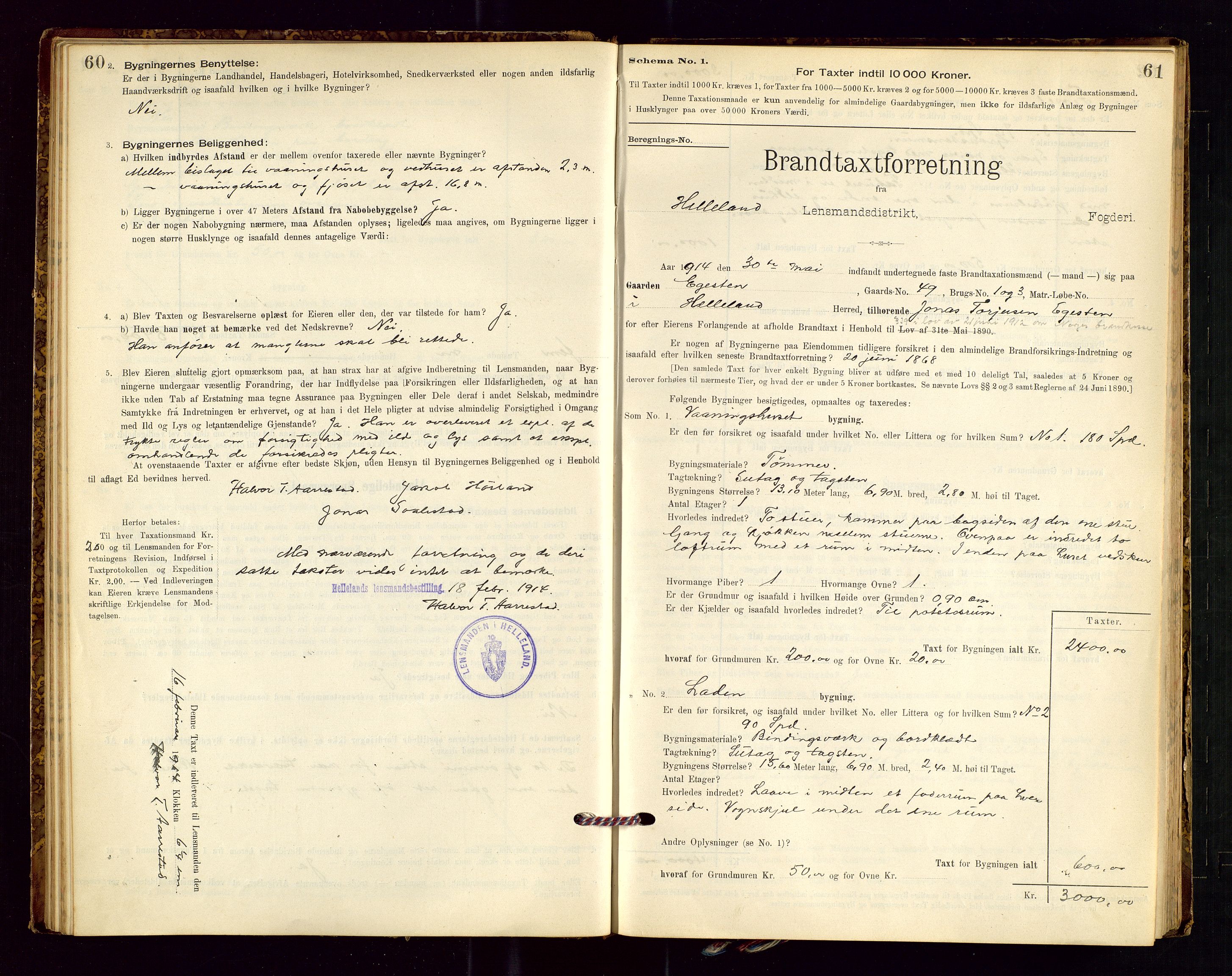 Helleland lensmannskontor, AV/SAST-A-100209/Gob/L0001: "Brandtaxationsprotokol", 1896-1919, s. 60-61