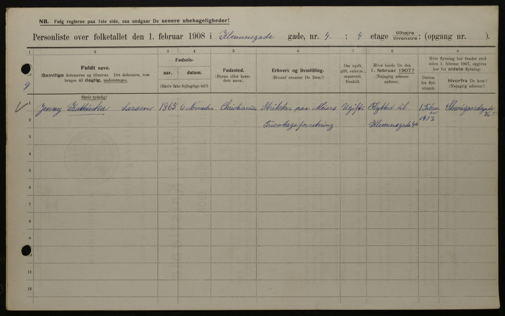 OBA, Kommunal folketelling 1.2.1908 for Kristiania kjøpstad, 1908, s. 12037