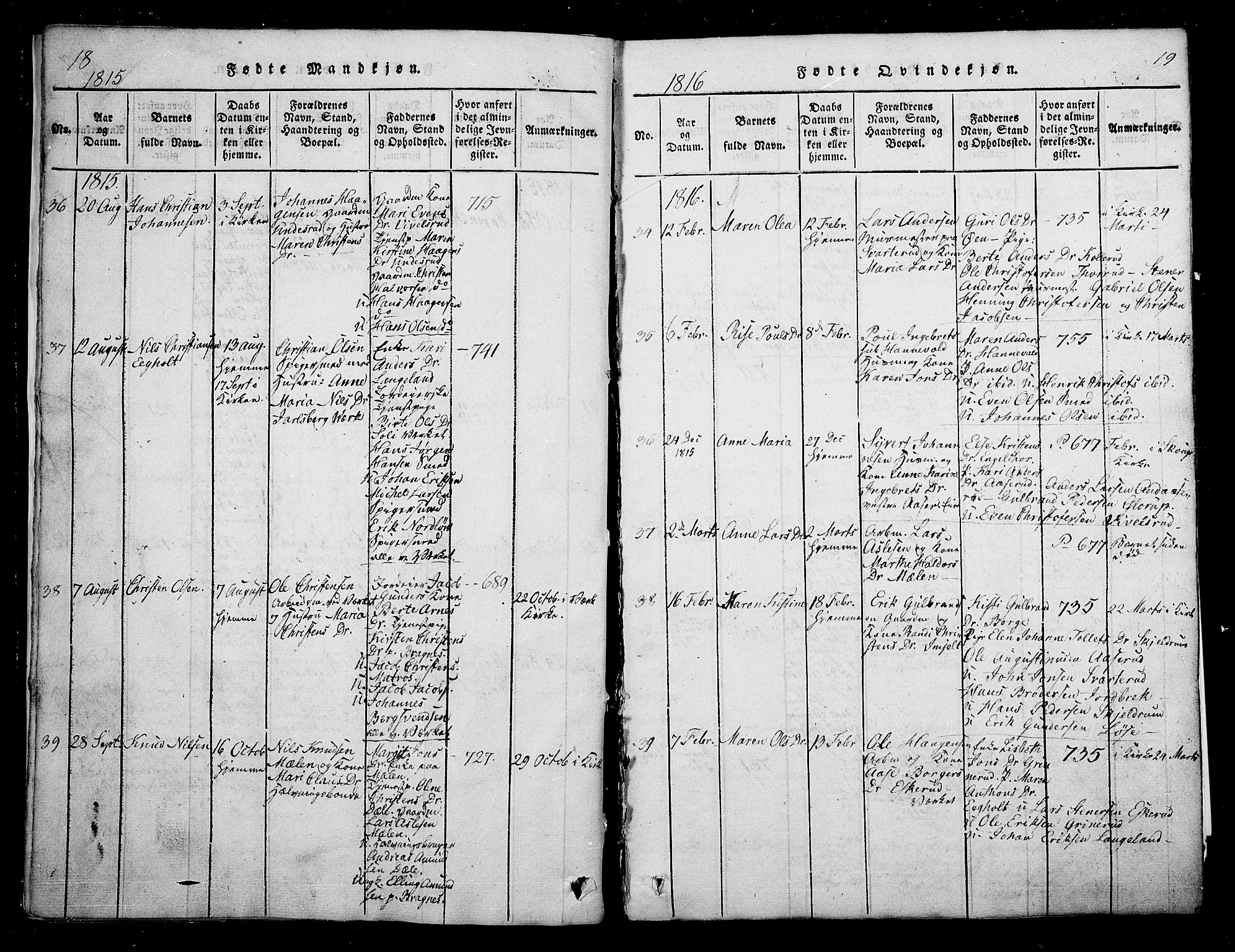 Skoger kirkebøker, AV/SAKO-A-59/G/Ga/L0001: Klokkerbok nr. I 1, 1814-1845, s. 18-19