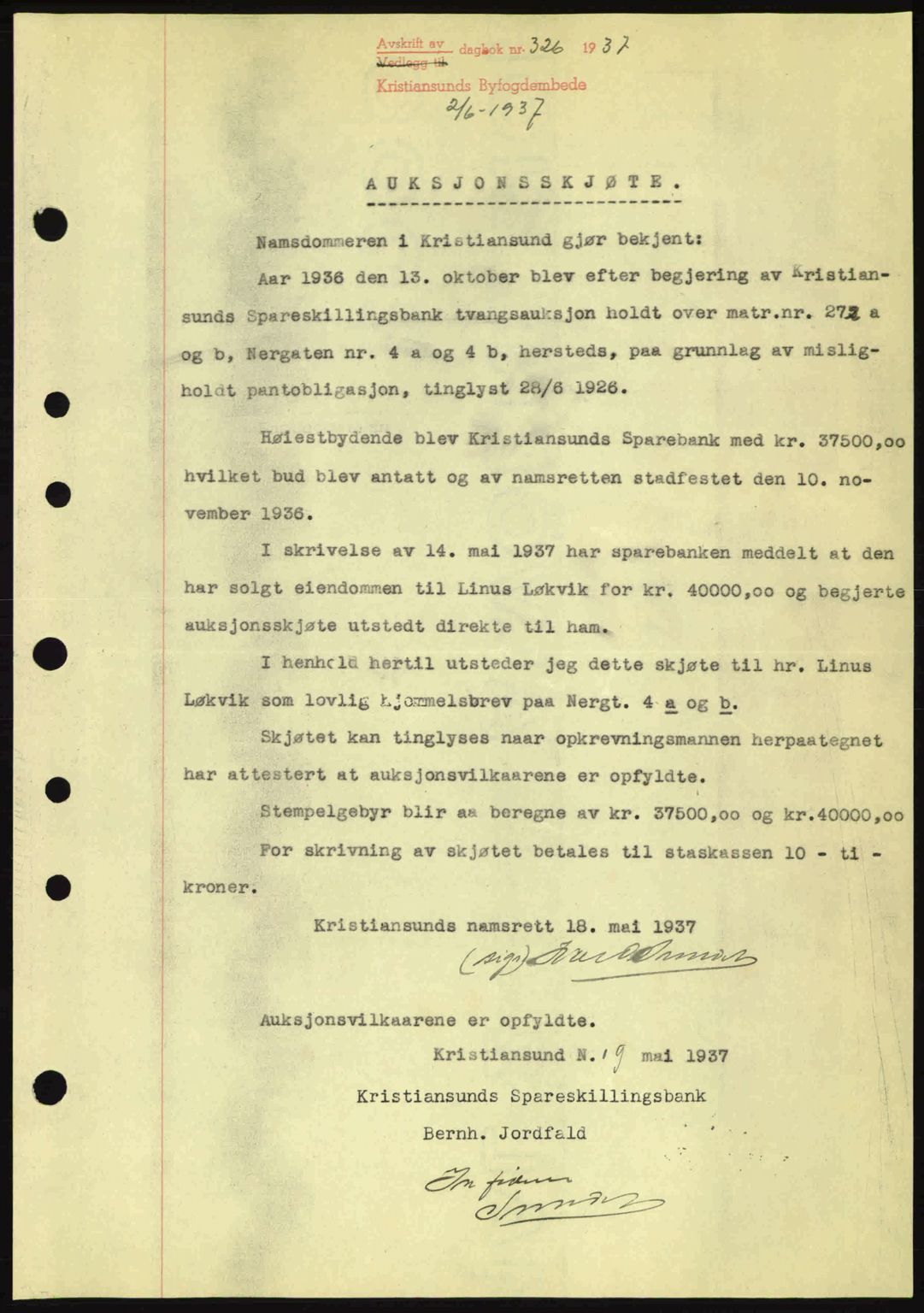 Kristiansund byfogd, AV/SAT-A-4587/A/27: Pantebok nr. 30, 1936-1941, Dagboknr: 326/1937