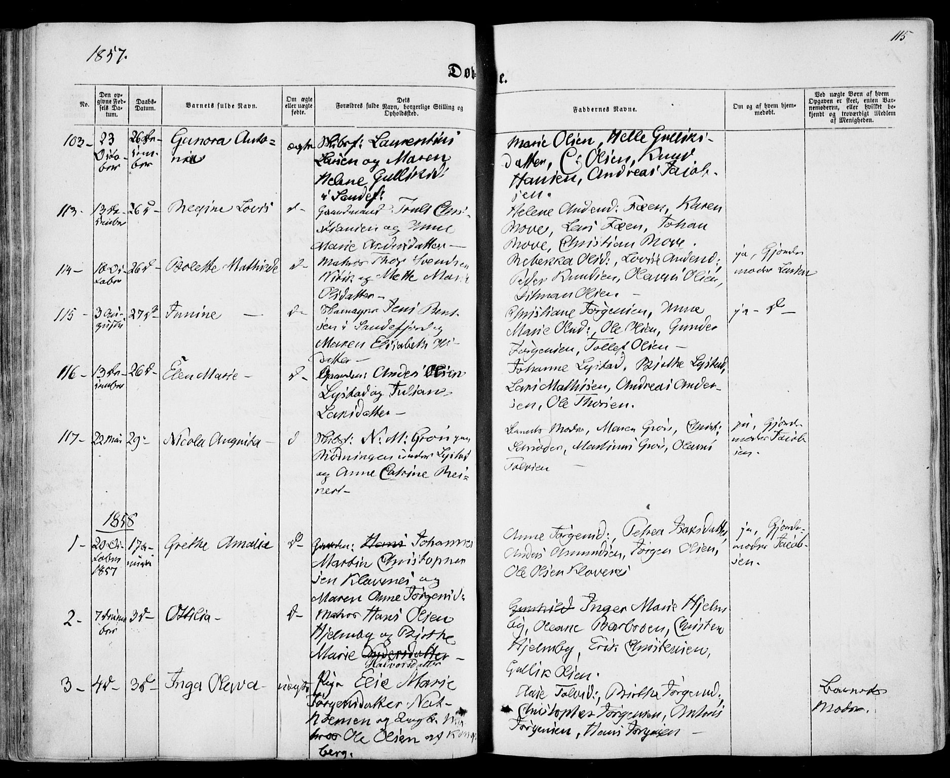 Sandar kirkebøker, AV/SAKO-A-243/F/Fa/L0007: Ministerialbok nr. 7, 1855-1861, s. 115