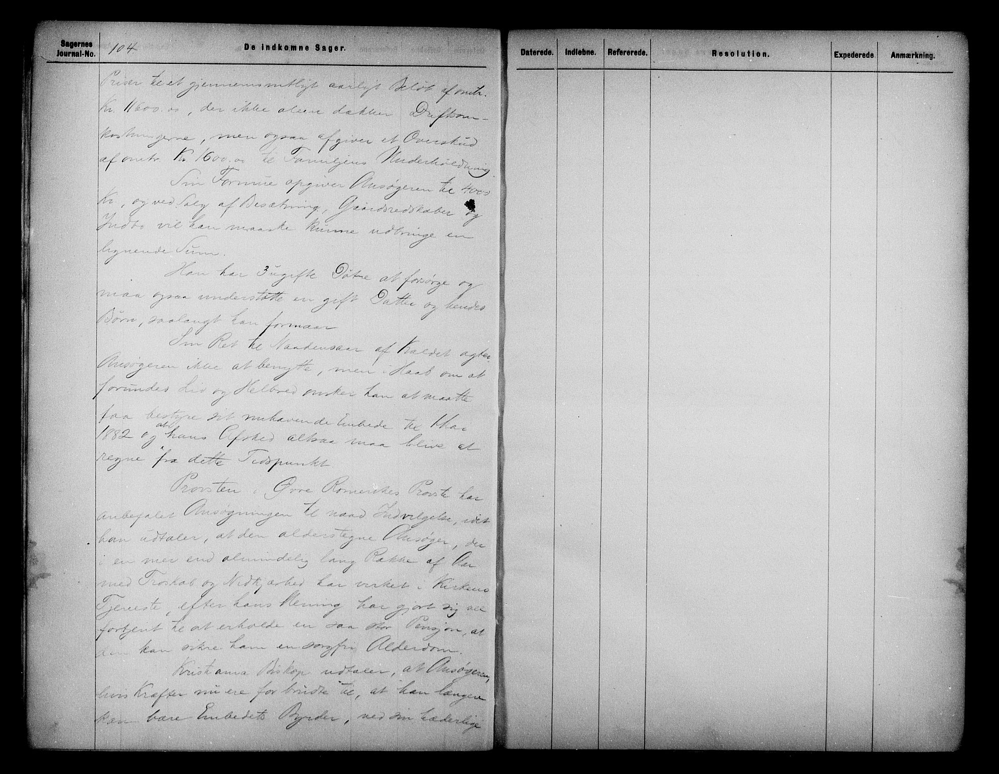 Kirke- og undervisningsdepartementet, Kontoret  for kirke og geistlighet A, AV/RA-S-1007/A/Aa/L0215: Referatprotokoll bd. 2. Ref.nr. 104-224, 1882