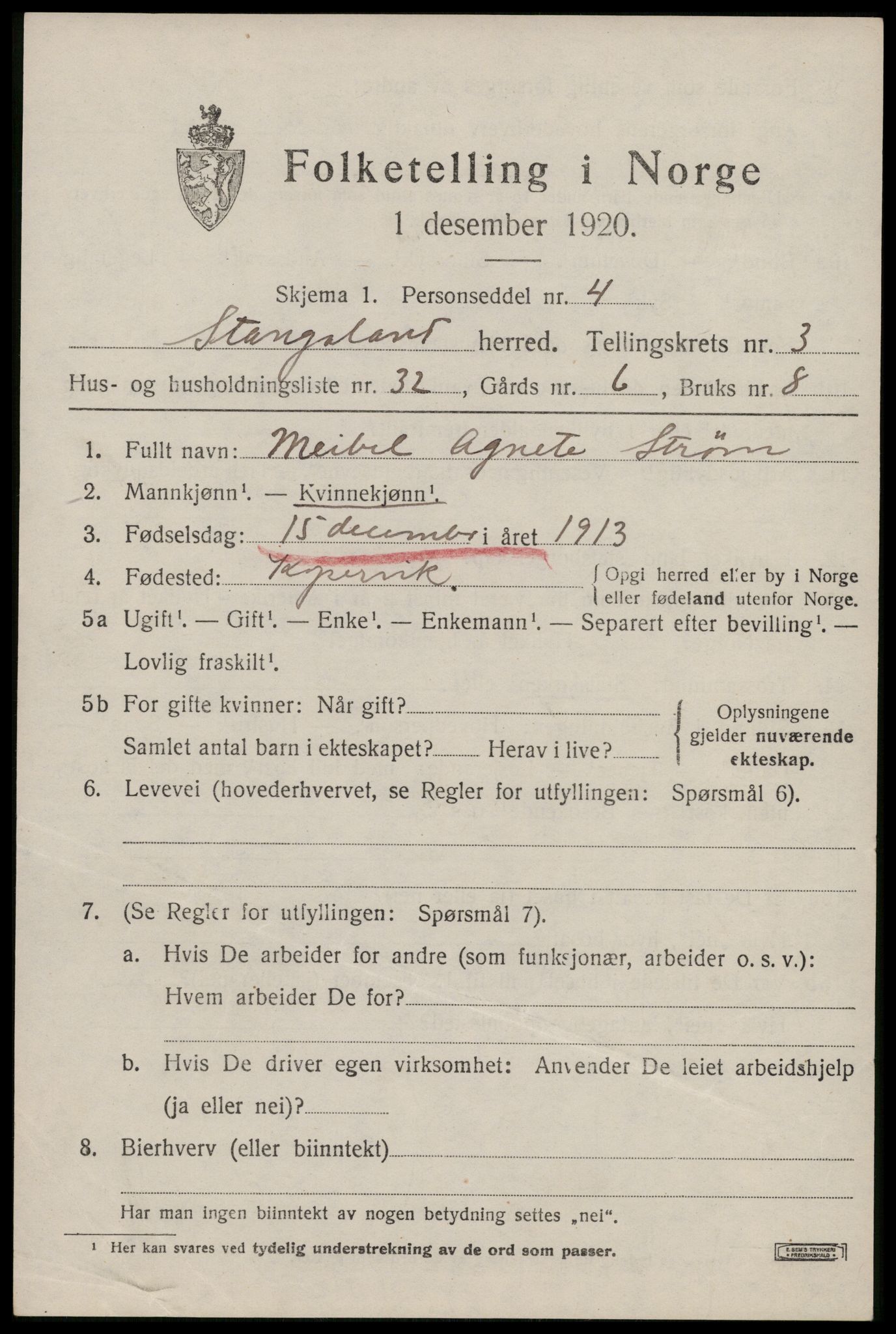 SAST, Folketelling 1920 for 1148 Stangaland herred, 1920, s. 2643