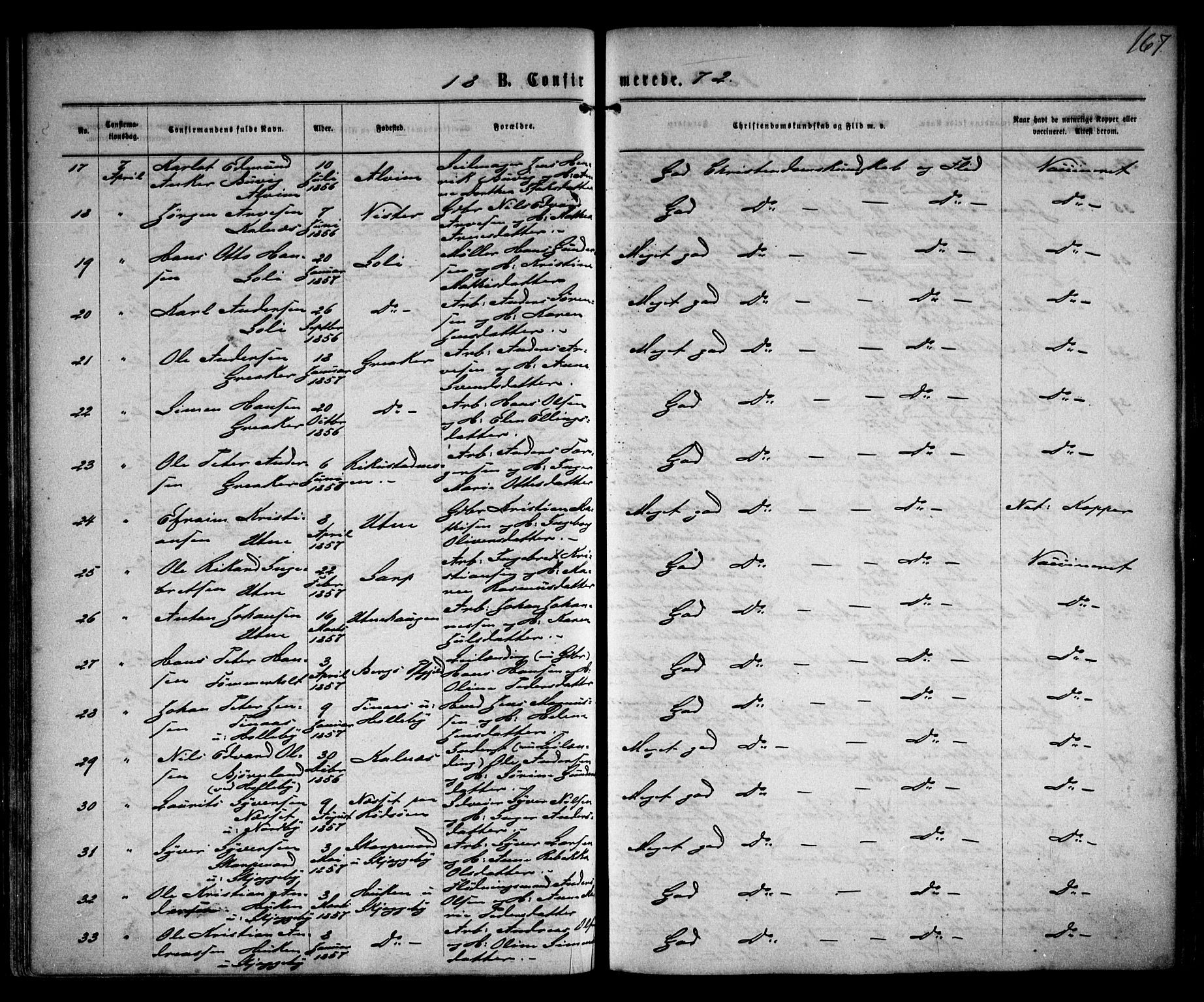 Tune prestekontor Kirkebøker, AV/SAO-A-2007/F/Fa/L0015: Ministerialbok nr. 15, 1869-1873, s. 167