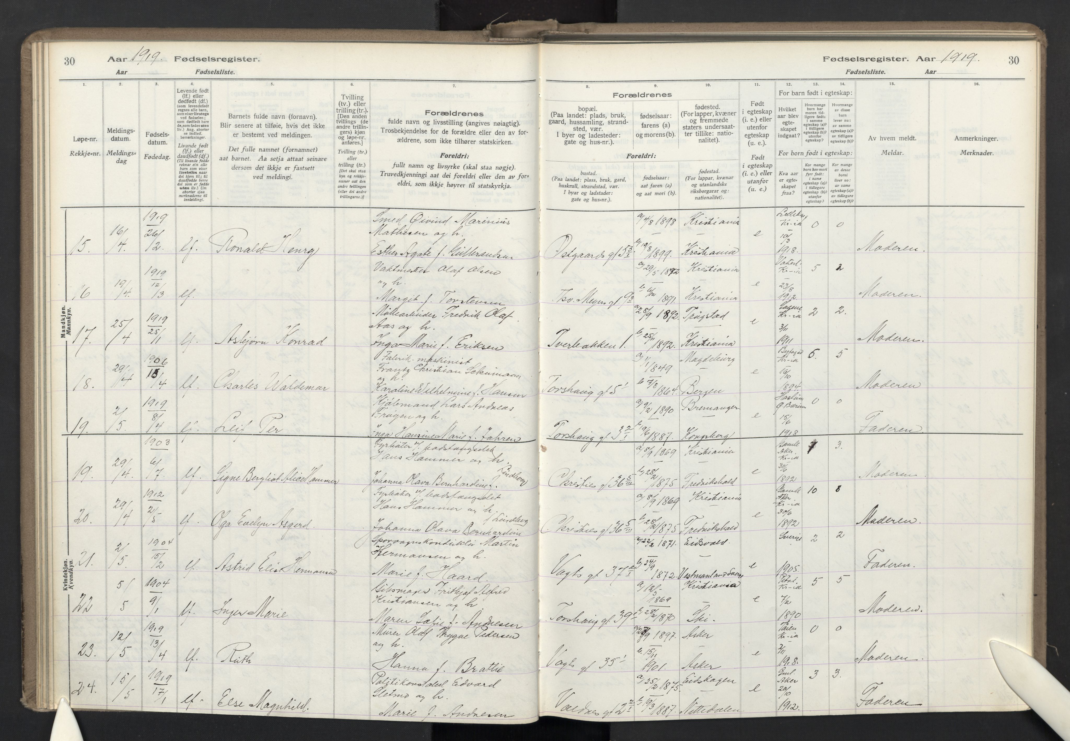Lilleborg prestekontor Kirkebøker, AV/SAO-A-10343a/J/L0001: Fødselsregister nr. 1, 1917-1944, s. 30