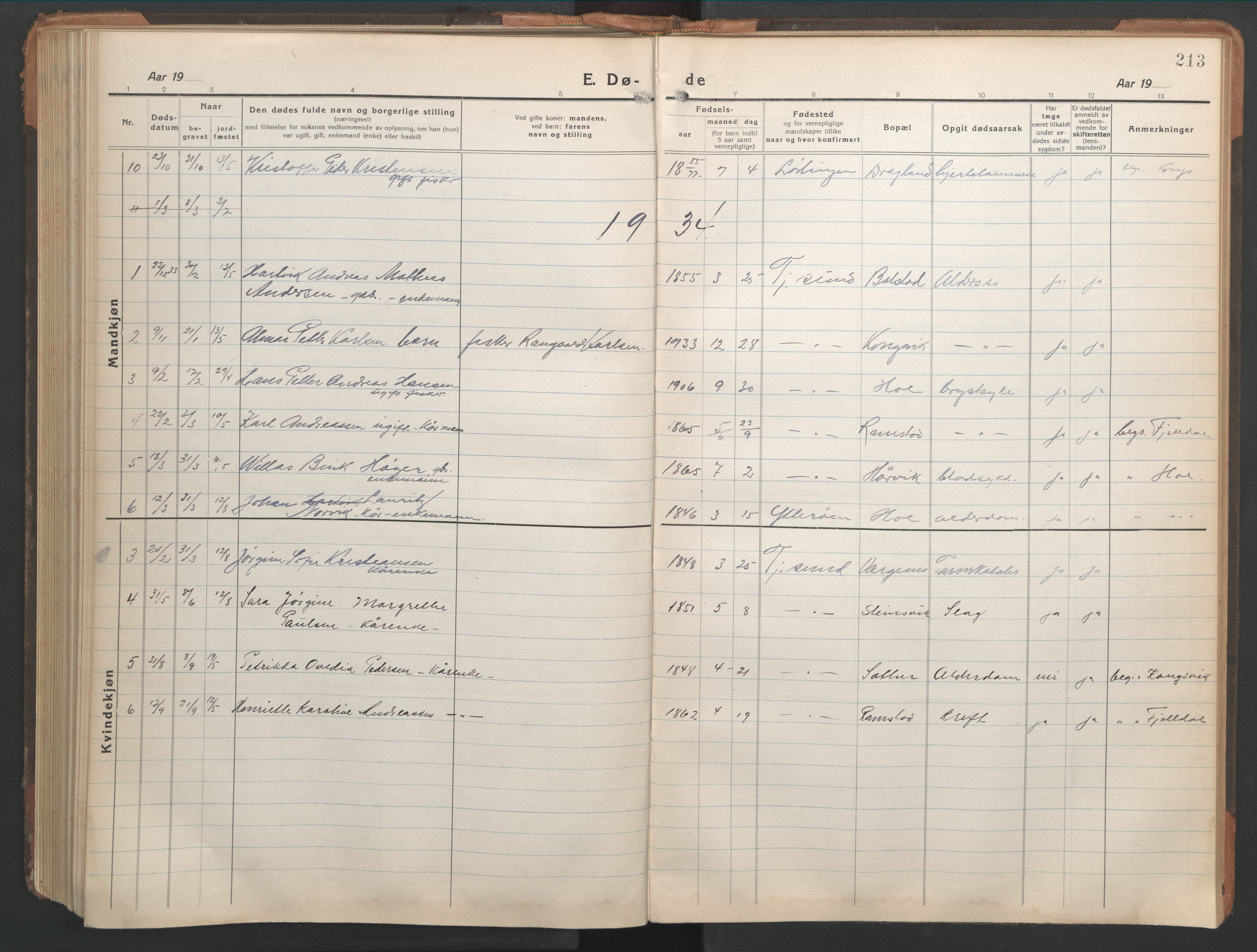 Ministerialprotokoller, klokkerbøker og fødselsregistre - Nordland, AV/SAT-A-1459/865/L0933: Klokkerbok nr. 865C05, 1917-1947, s. 213