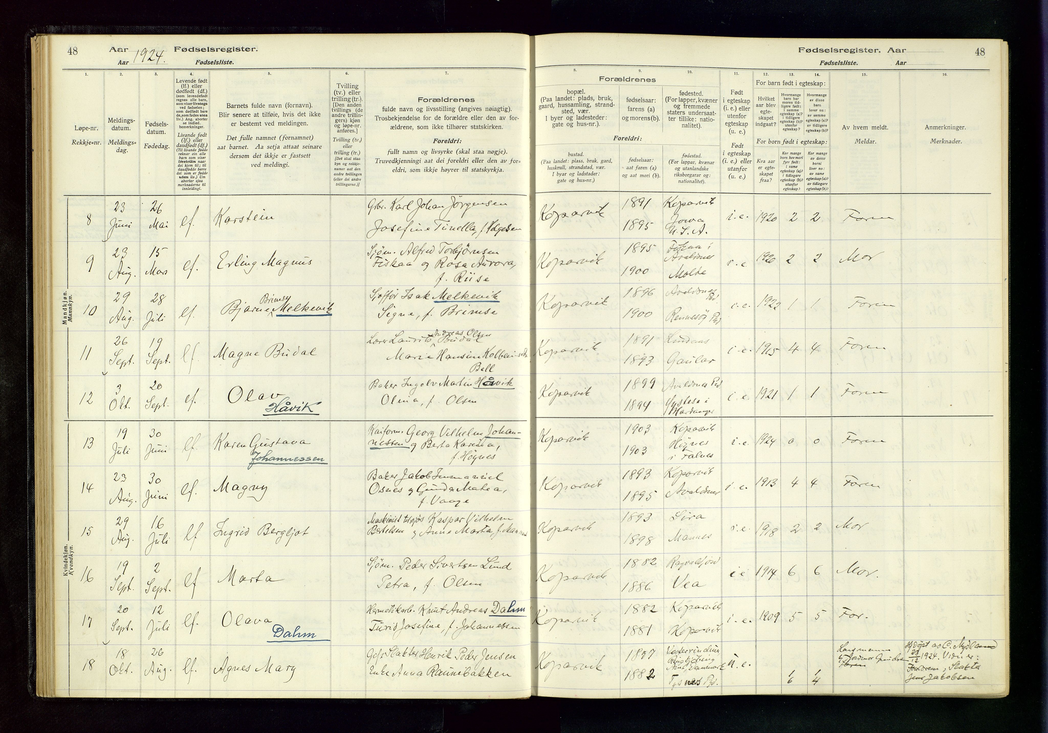 Kopervik sokneprestkontor, AV/SAST-A-101850/I/Id/L0001: Fødselsregister nr. 1, 1916-1952, s. 48