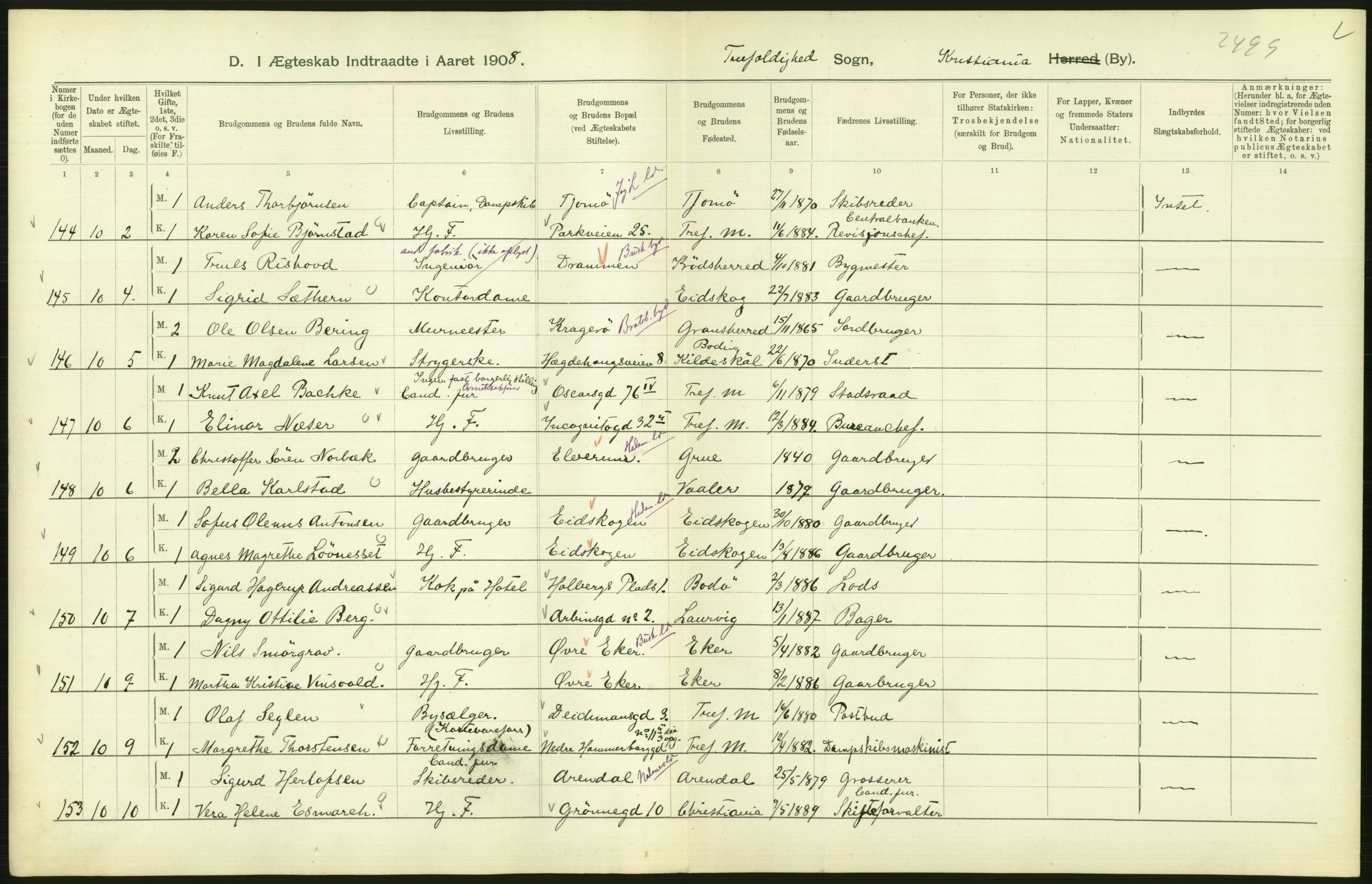 Statistisk sentralbyrå, Sosiodemografiske emner, Befolkning, AV/RA-S-2228/D/Df/Dfa/Dfaf/L0007: Kristiania: Gifte, 1908, s. 436