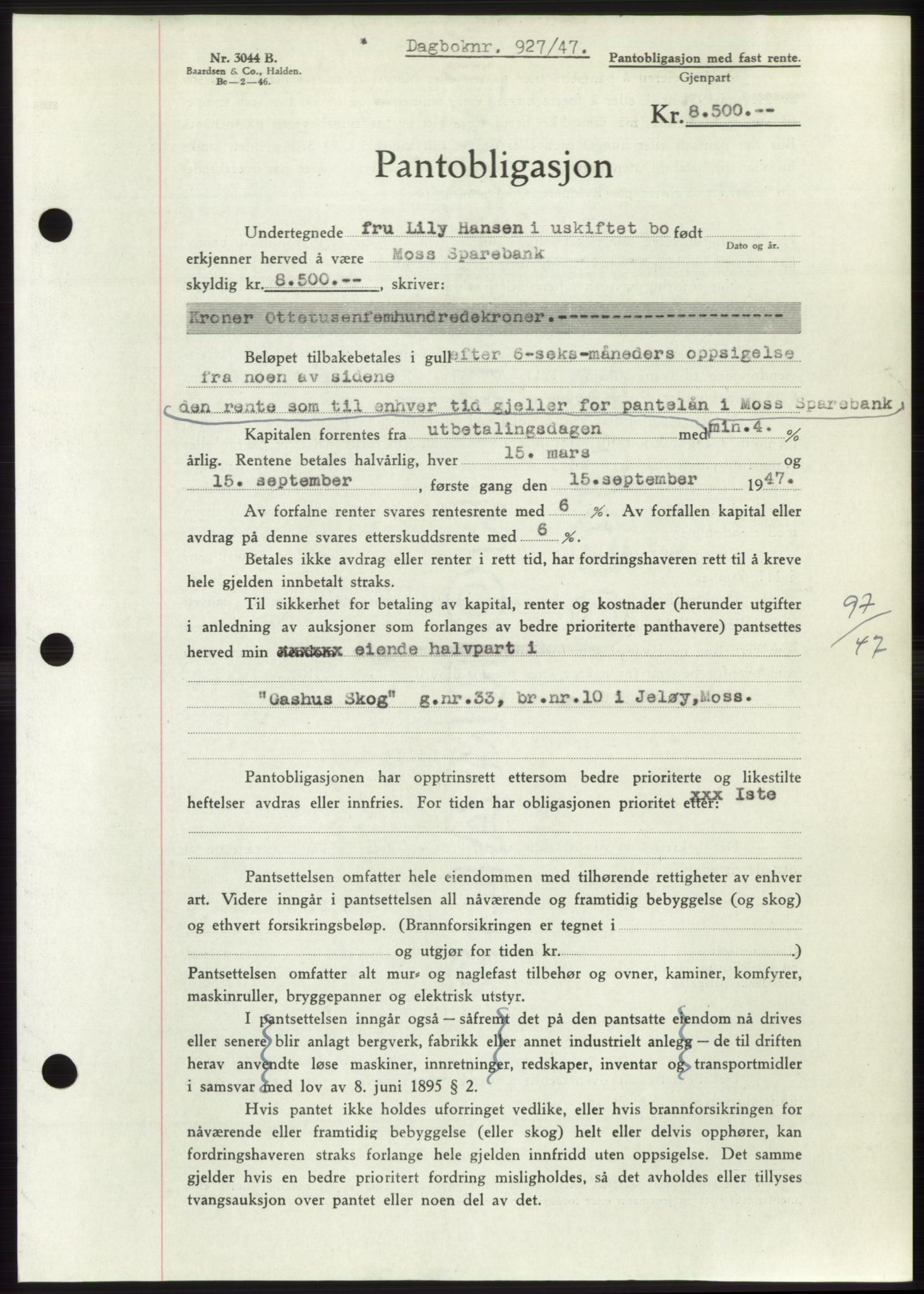 Moss sorenskriveri, SAO/A-10168: Pantebok nr. B17, 1947-1947, Dagboknr: 927/1947