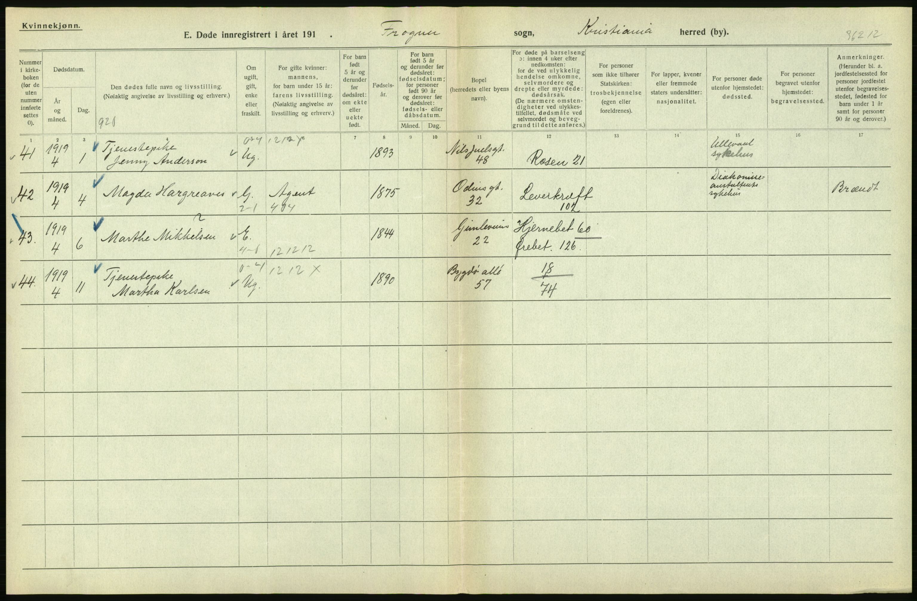 Statistisk sentralbyrå, Sosiodemografiske emner, Befolkning, AV/RA-S-2228/D/Df/Dfb/Dfbi/L0011: Kristiania: Døde, dødfødte, 1919