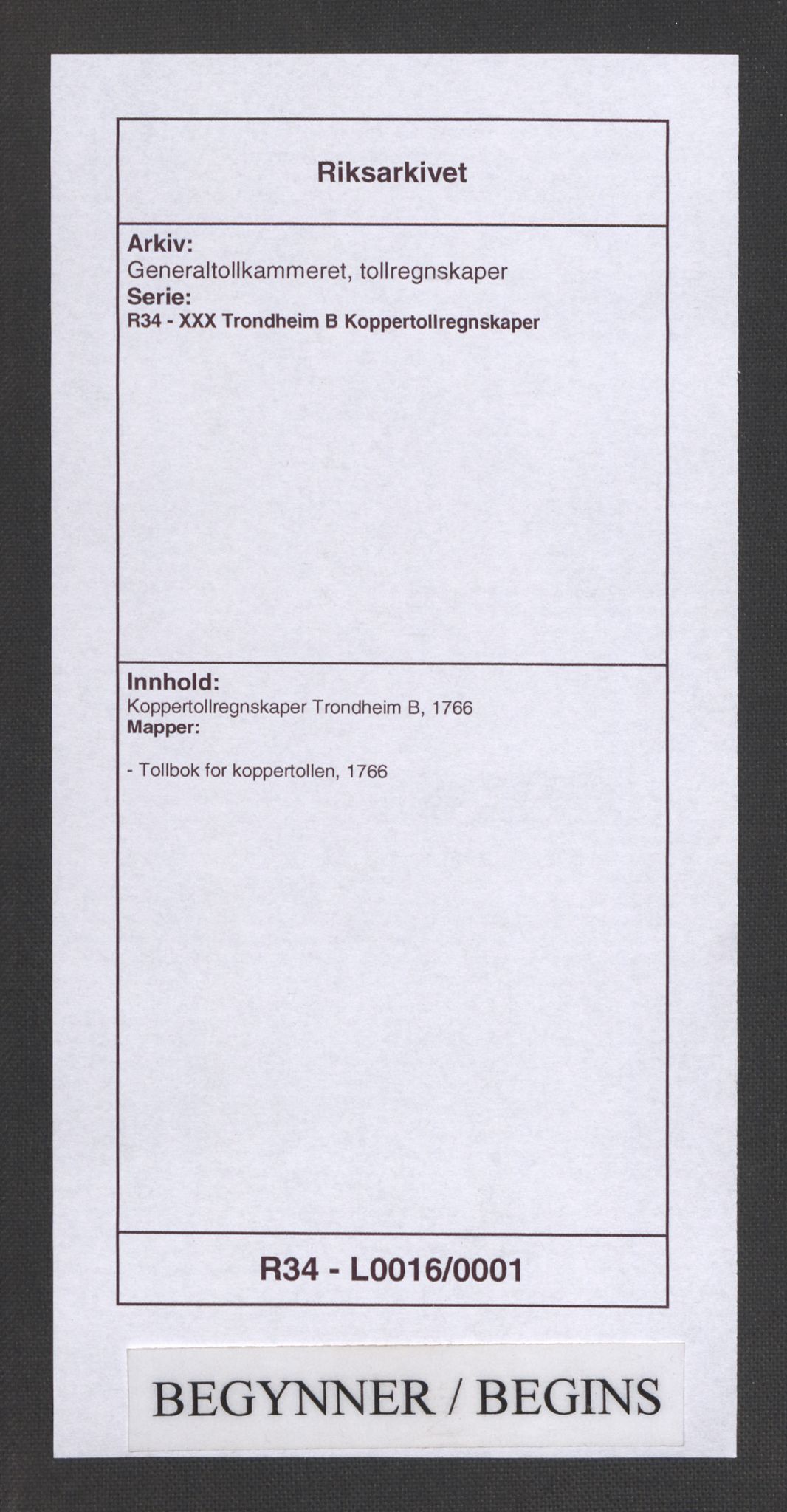 Generaltollkammeret, tollregnskaper, AV/RA-EA-5490/R34/L0016/0001: Koppertollregnskaper Trondheim B / Tollbok for koppertollen, 1766