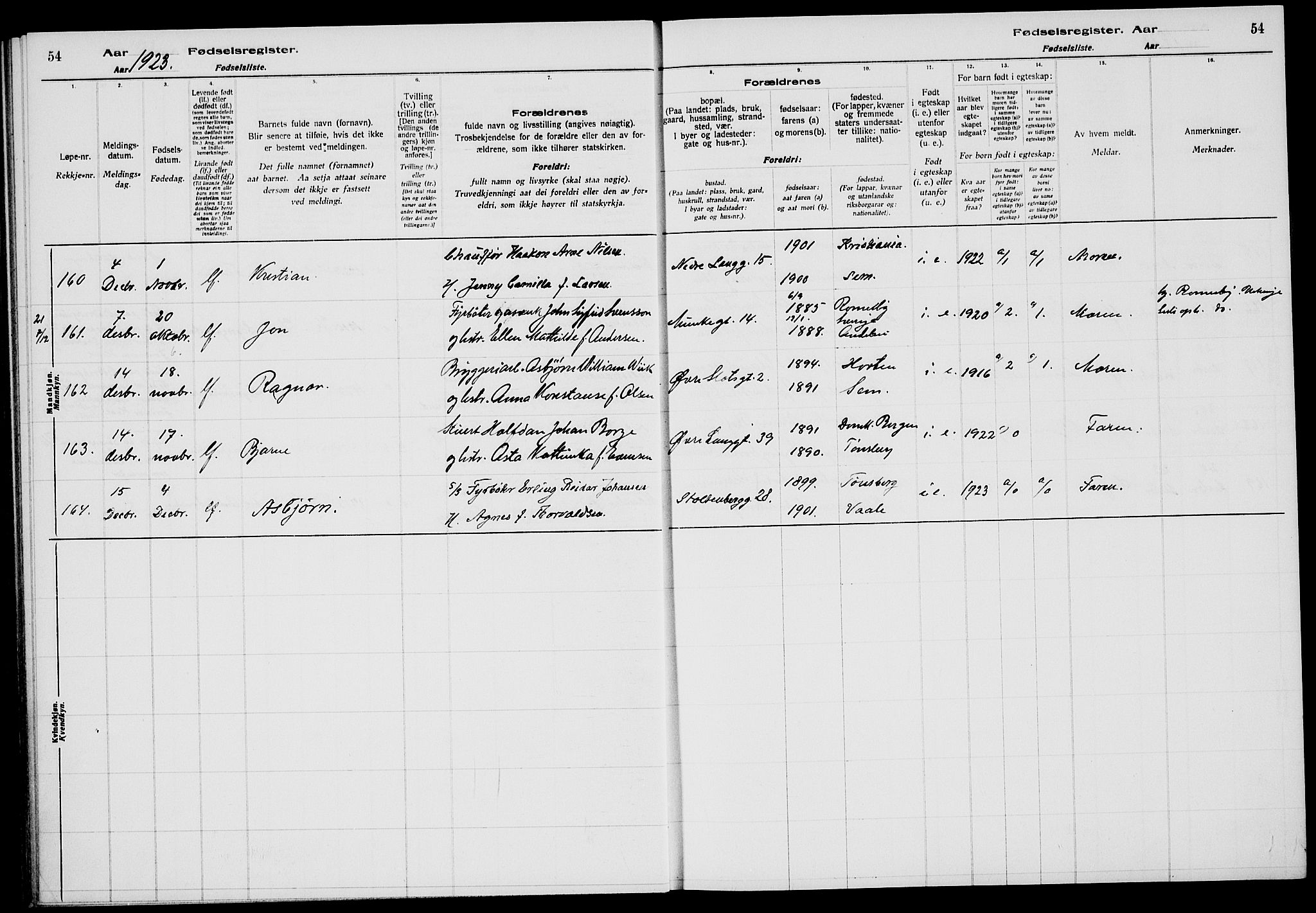 Tønsberg kirkebøker, AV/SAKO-A-330/J/Ja/L0002: Fødselsregister nr. 2, 1922-1928, s. 54