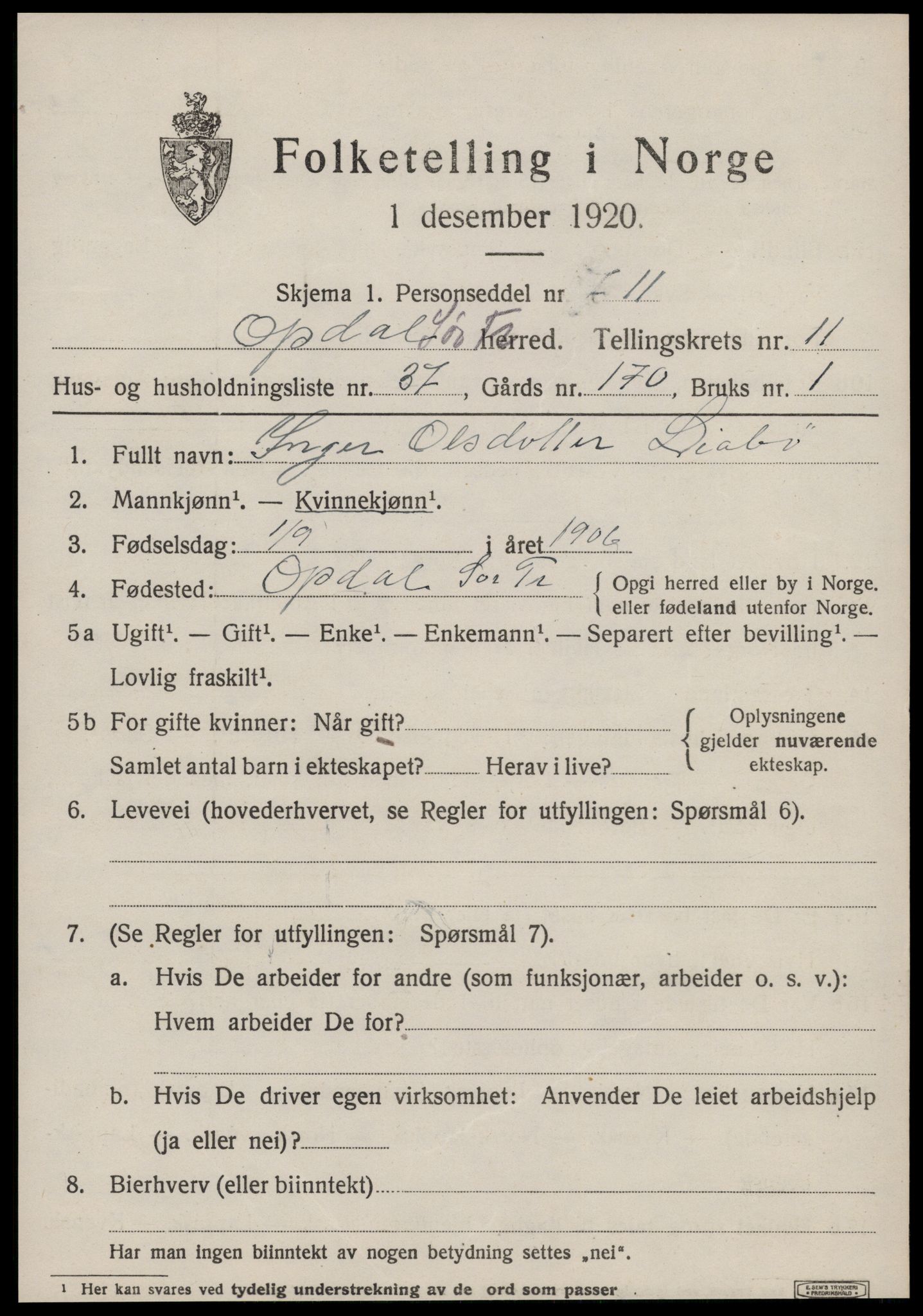 SAT, Folketelling 1920 for 1634 Oppdal herred, 1920, s. 9673