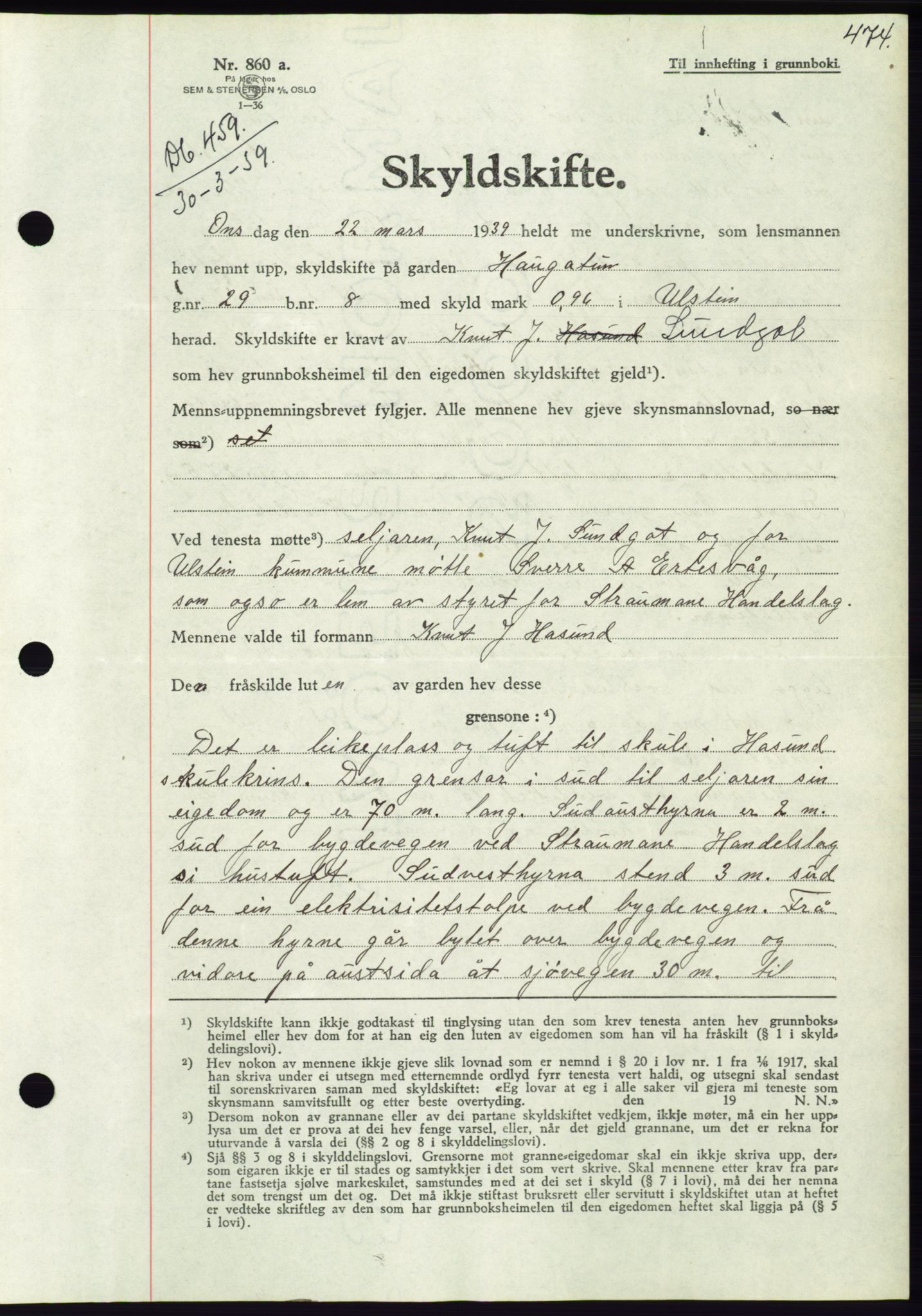 Søre Sunnmøre sorenskriveri, AV/SAT-A-4122/1/2/2C/L0067: Pantebok nr. 61, 1938-1939, Dagboknr: 459/1939