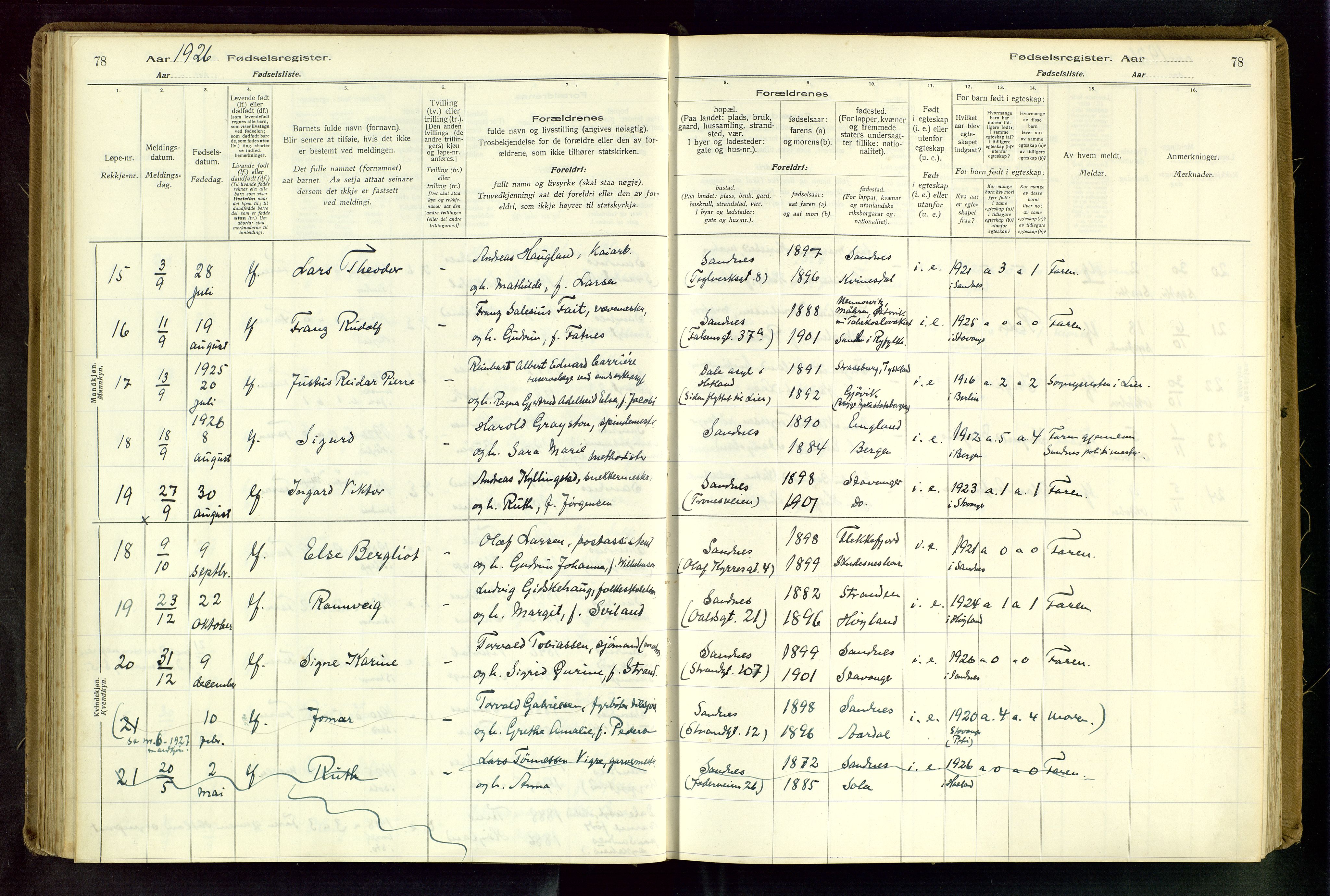 Sandnes sokneprestkontor, AV/SAST-A-101800/704BA/L0001: Fødselsregister nr. 1, 1916-1942, s. 78