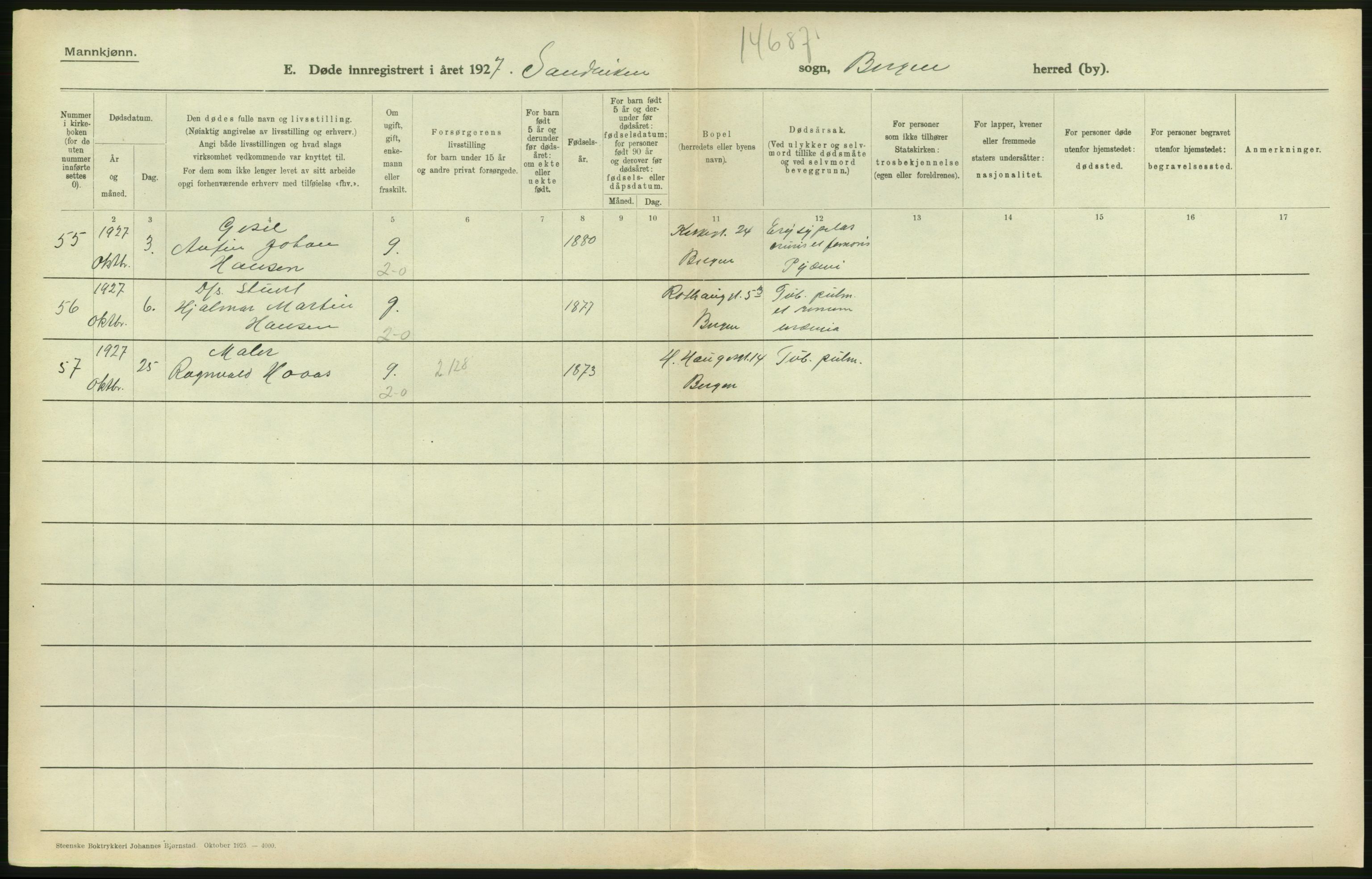 Statistisk sentralbyrå, Sosiodemografiske emner, Befolkning, AV/RA-S-2228/D/Df/Dfc/Dfcg/L0028: Bergen: Gifte, døde., 1927, s. 702