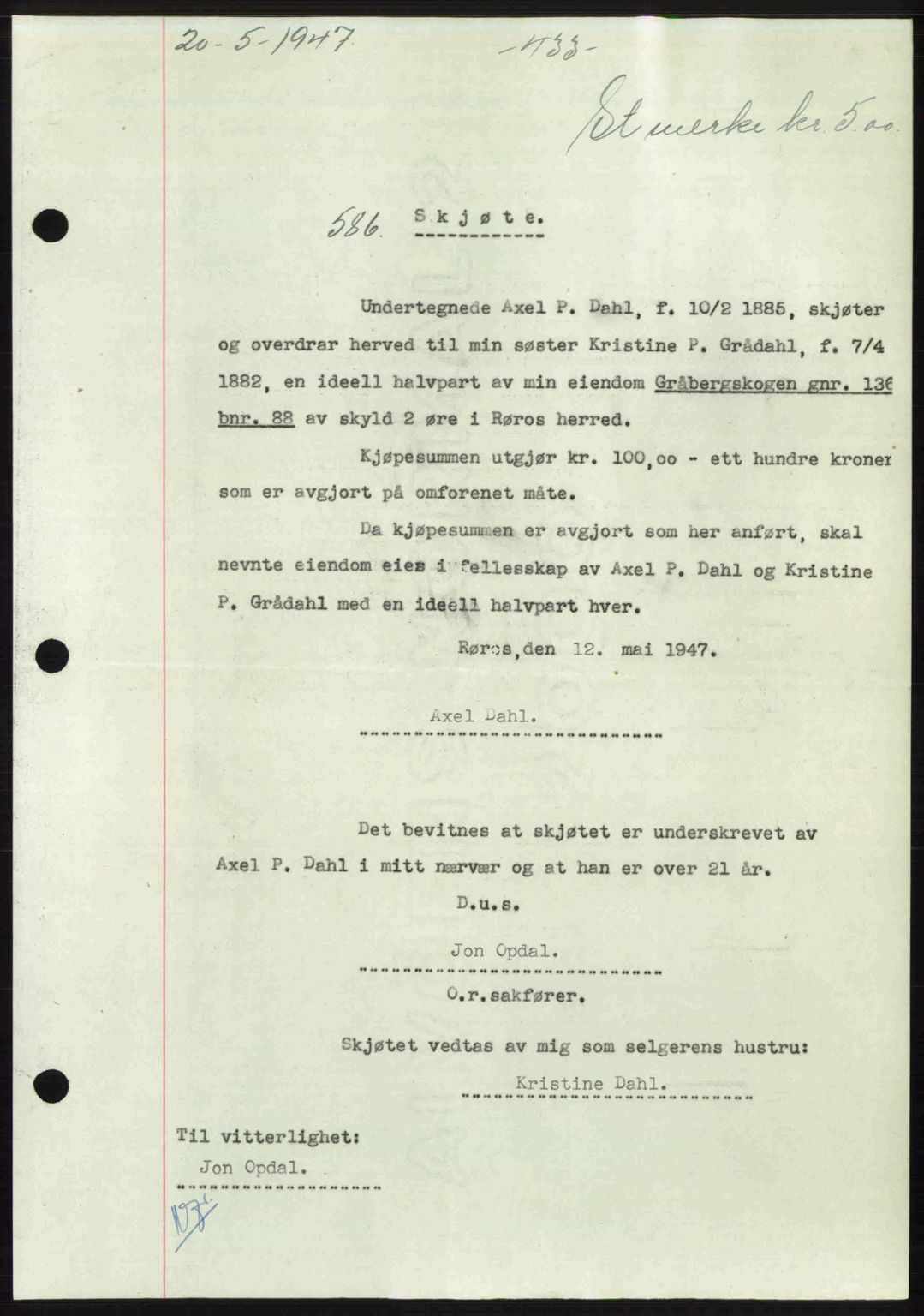 Gauldal sorenskriveri, SAT/A-0014/1/2/2C: Pantebok nr. A3, 1947-1947, Dagboknr: 586/1947