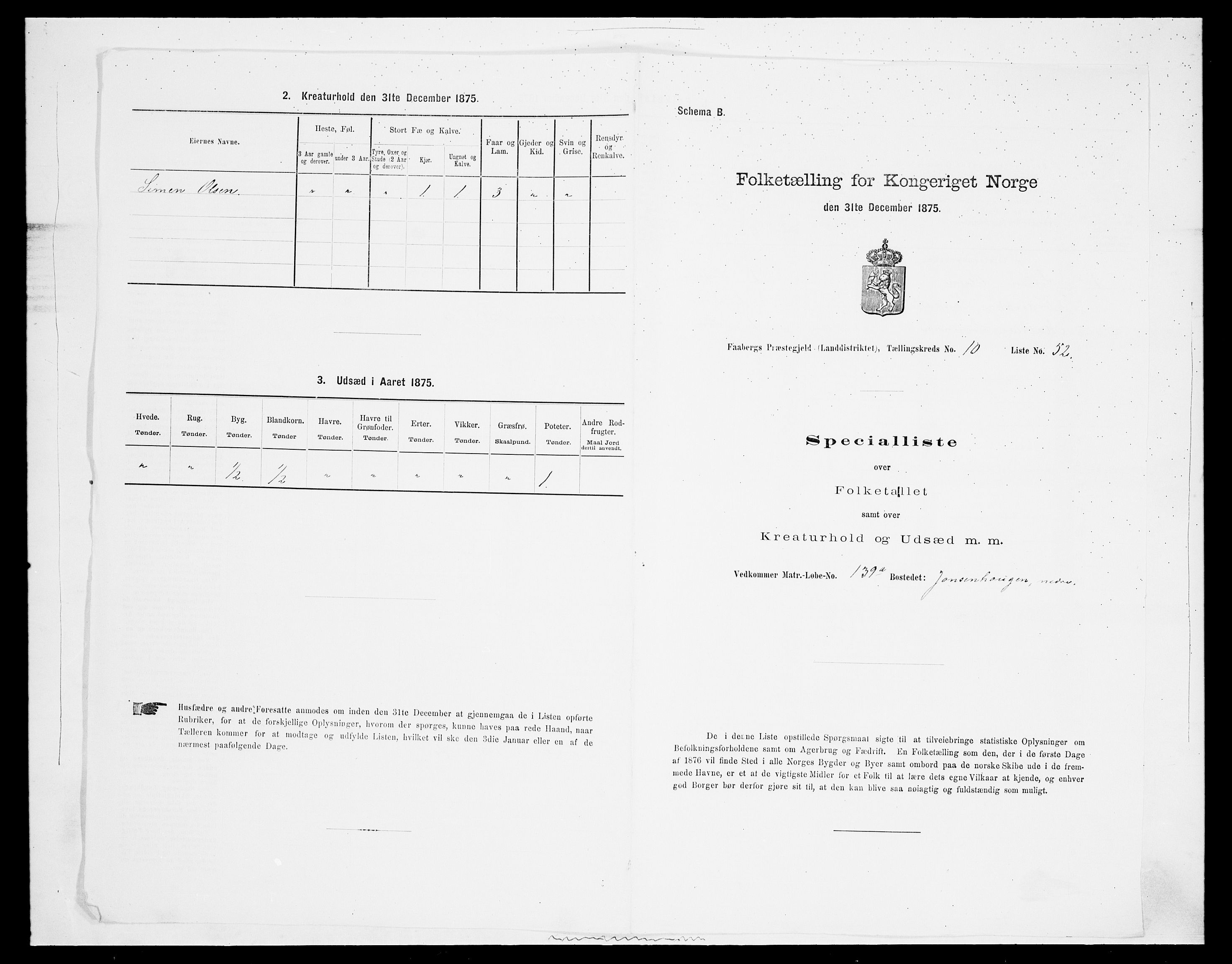 SAH, Folketelling 1875 for 0524L Fåberg prestegjeld, Fåberg sokn og Lillehammer landsokn, 1875, s. 1317