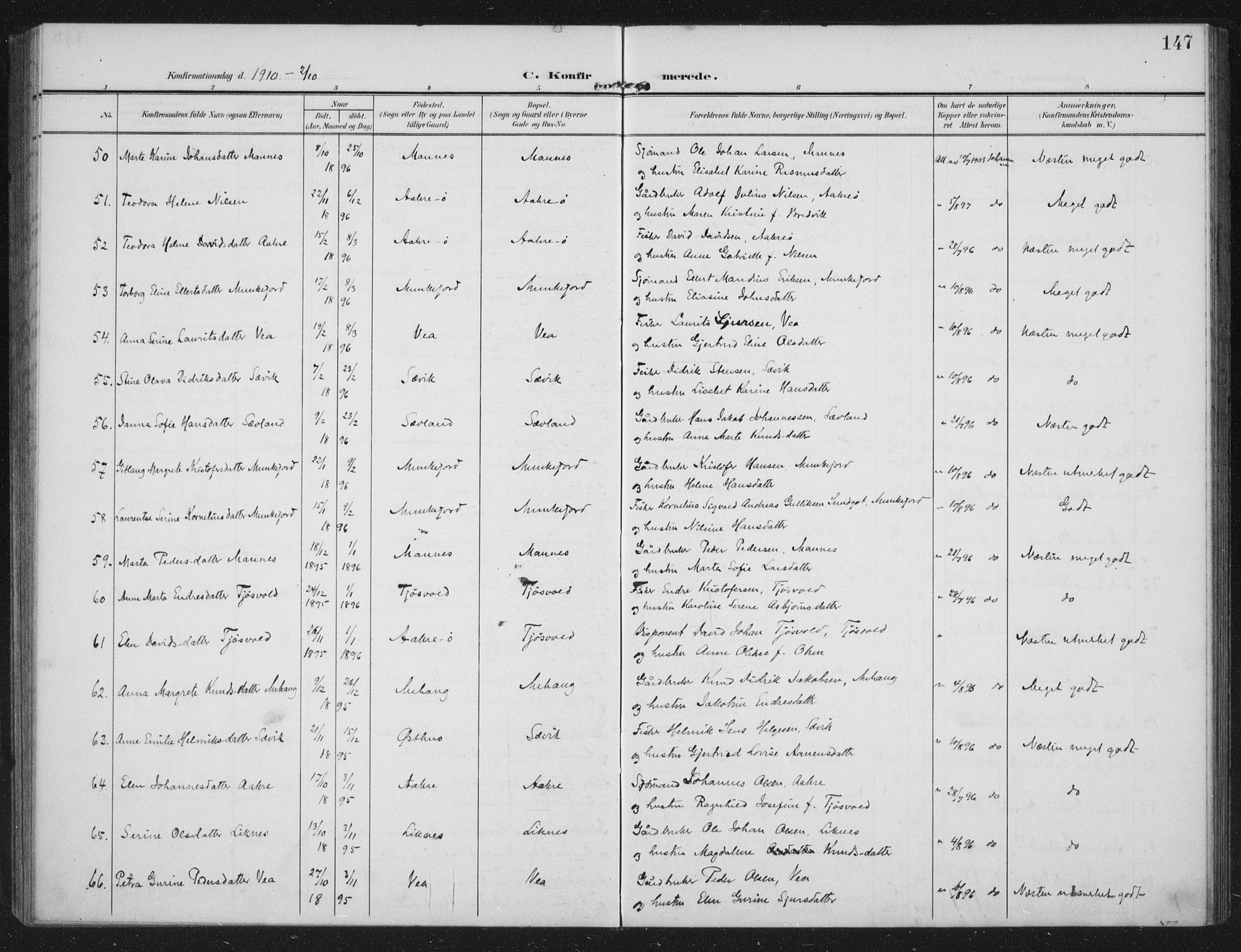 Kopervik sokneprestkontor, AV/SAST-A-101850/H/Ha/Haa/L0005: Ministerialbok nr. A 5, 1906-1924, s. 147