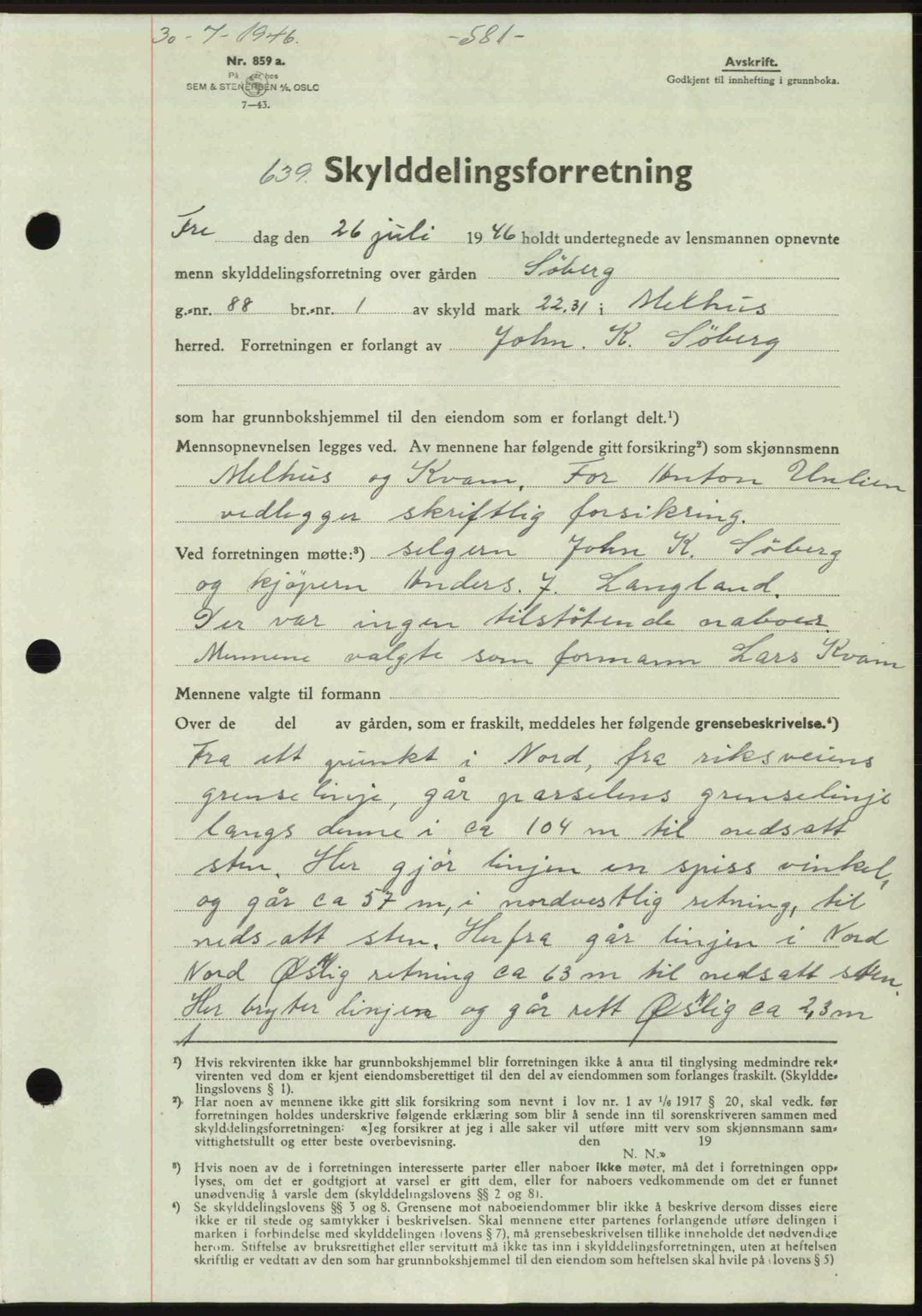 Gauldal sorenskriveri, SAT/A-0014/1/2/2C: Pantebok nr. A2, 1946-1946, Dagboknr: 639/1946