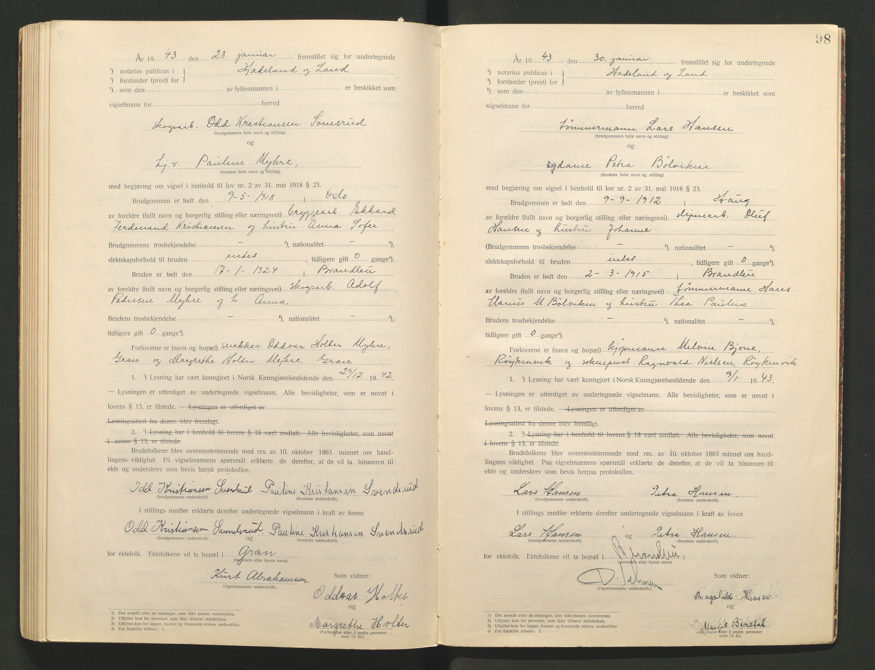 Hadeland og Land tingrett, AV/SAH-TING-010/L/Lb/L0001: Vigselbok, 1920-1943, s. 98