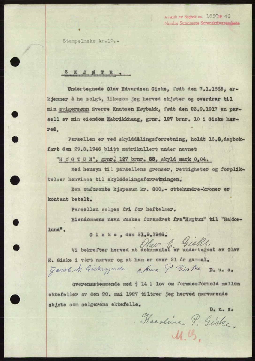 Nordre Sunnmøre sorenskriveri, SAT/A-0006/1/2/2C/2Ca: Pantebok nr. A22, 1946-1946, Dagboknr: 1550/1946