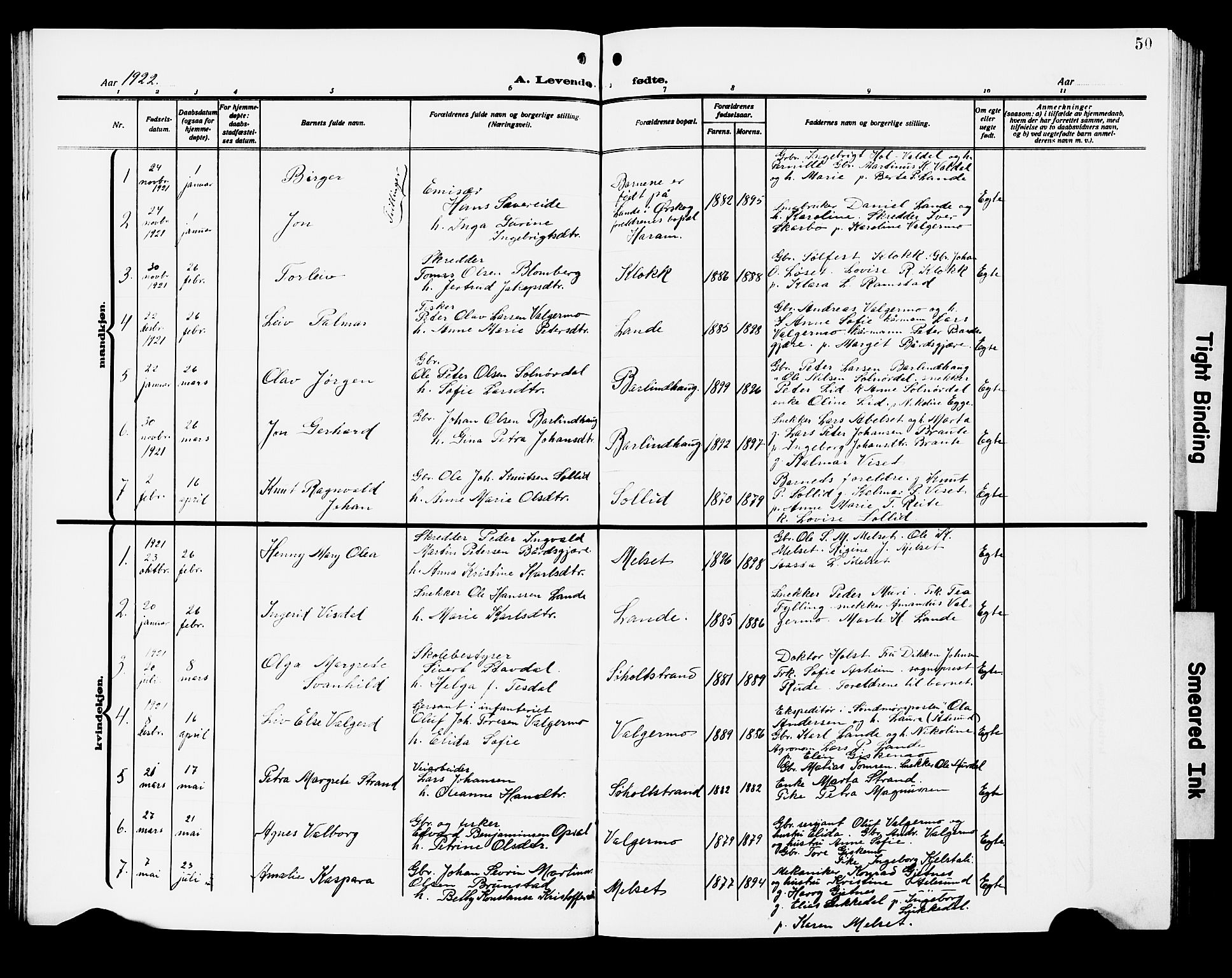 Ministerialprotokoller, klokkerbøker og fødselsregistre - Møre og Romsdal, SAT/A-1454/522/L0328: Klokkerbok nr. 522C07, 1909-1925, s. 50