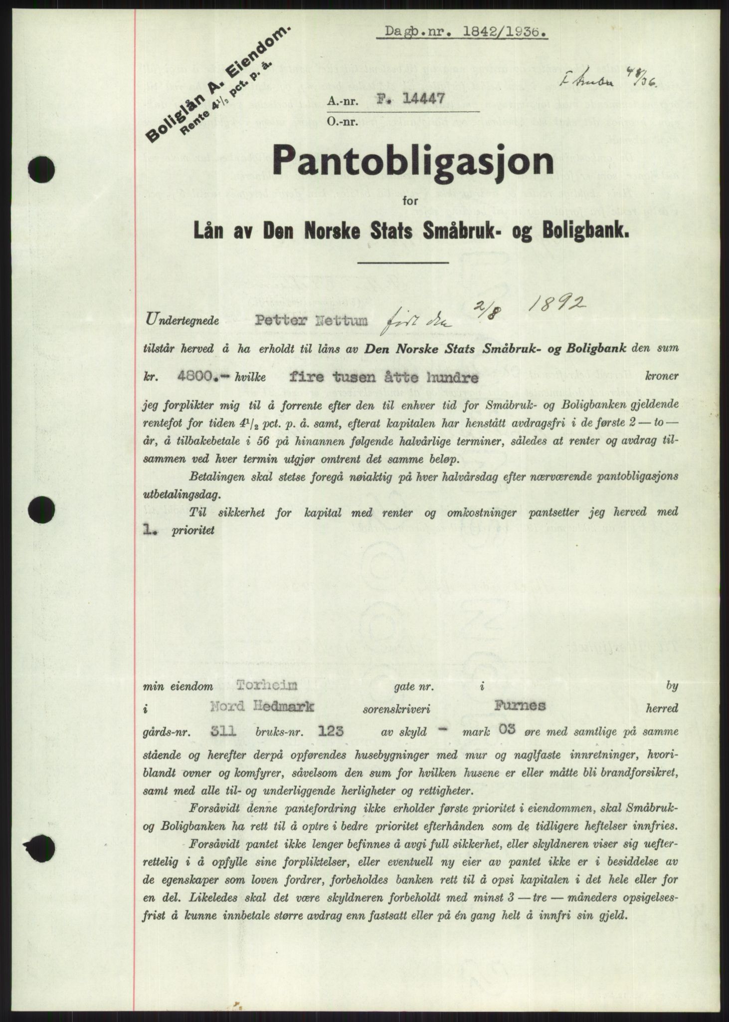 Nord-Hedmark sorenskriveri, SAH/TING-012/H/Hb/Hbf/L0001: Pantebok nr. B1, 1936-1936, Dagboknr: 1842/1936
