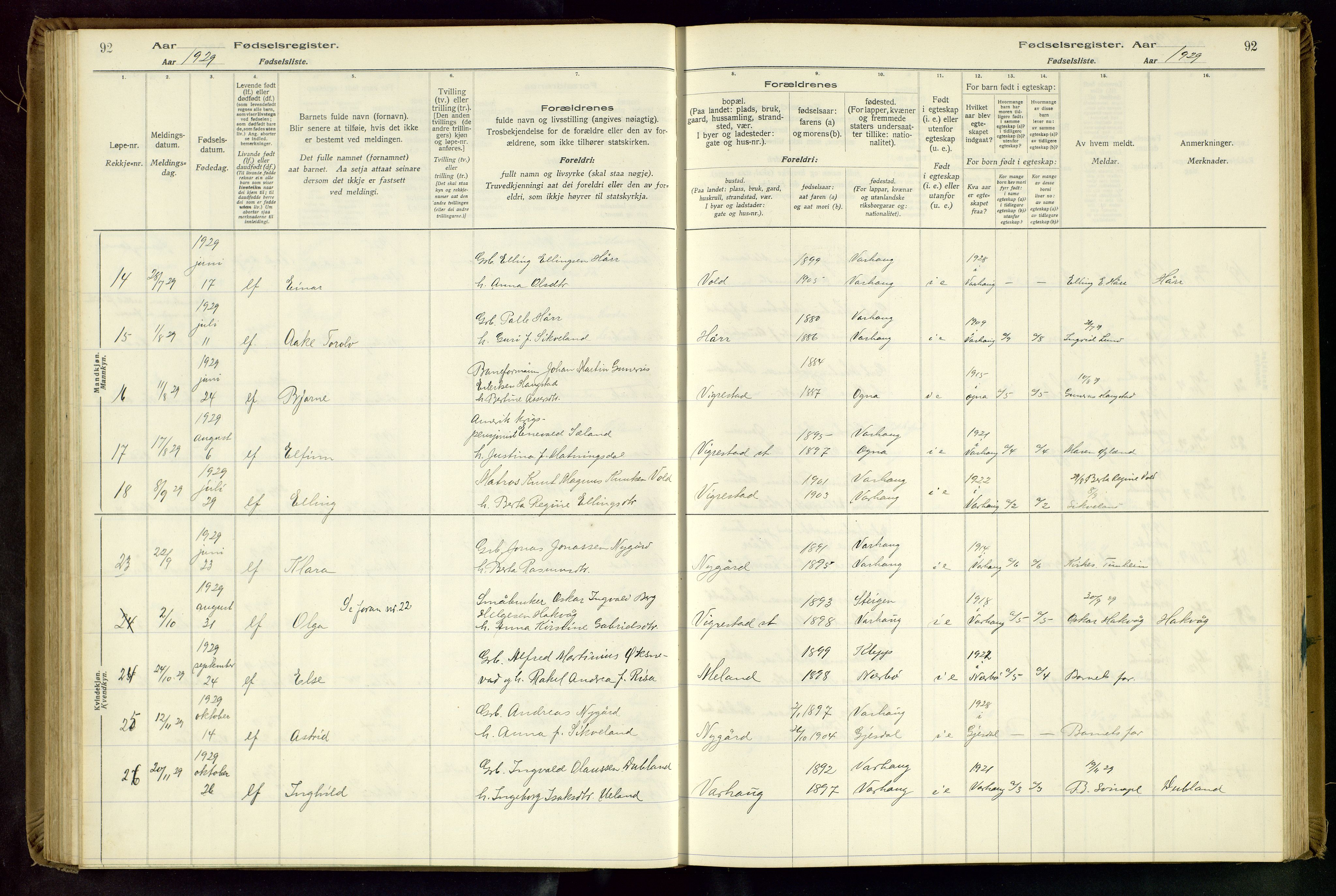 Hå sokneprestkontor, AV/SAST-A-101801/001/704BA/L0001: Fødselsregister nr. 1, 1916-1944, s. 92