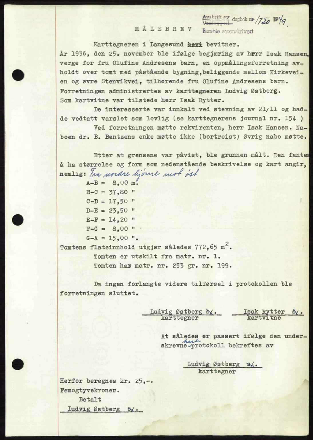 Bamble sorenskriveri, SAKO/A-214/G/Ga/Gag/L0015: Pantebok nr. A-15, 1949-1949, Dagboknr: 1720/1949