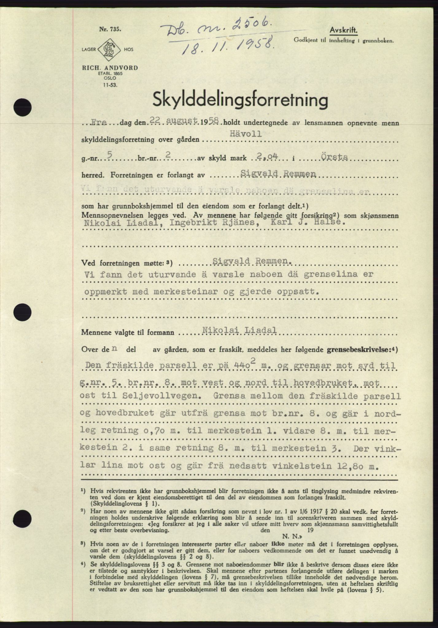 Søre Sunnmøre sorenskriveri, SAT/A-4122/1/2/2C/L0111: Pantebok nr. 37A, 1958-1959, Dagboknr: 2506/1958