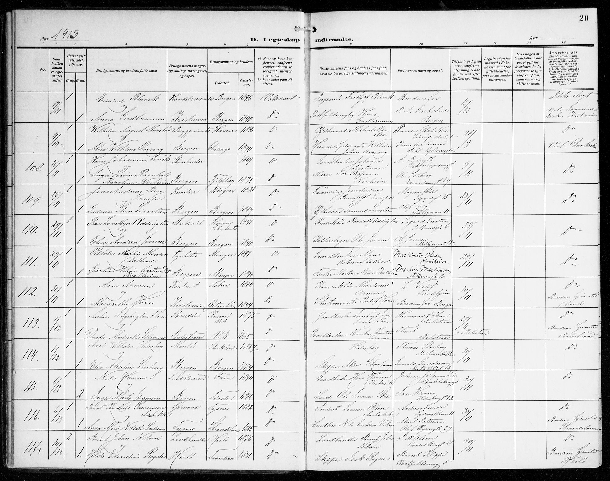 Johanneskirken sokneprestembete, AV/SAB-A-76001/H/Haa/L0013: Ministerialbok nr. D 2, 1912-1929, s. 20