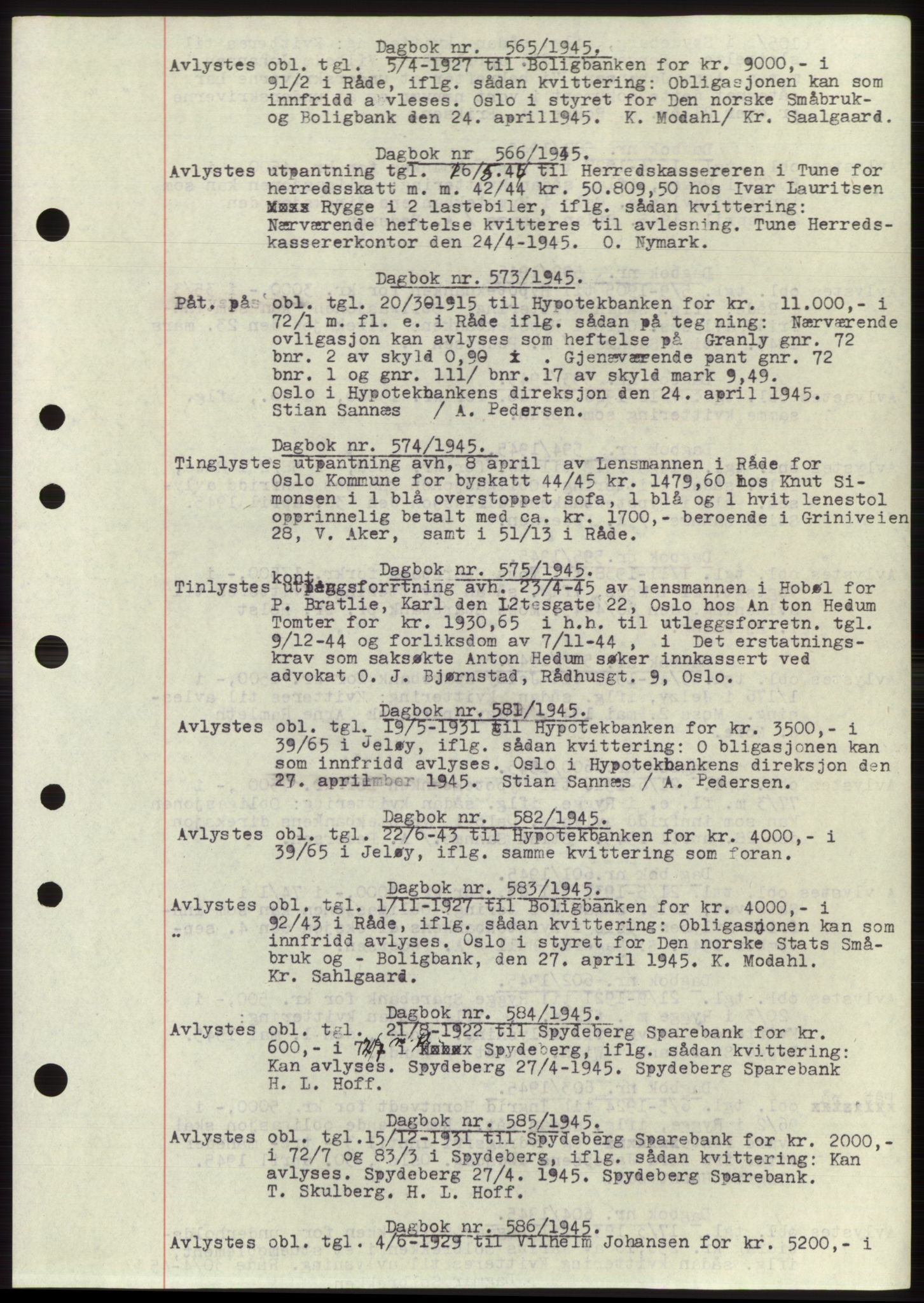 Moss sorenskriveri, SAO/A-10168: Pantebok nr. C10, 1938-1950, Dagboknr: 565/1945