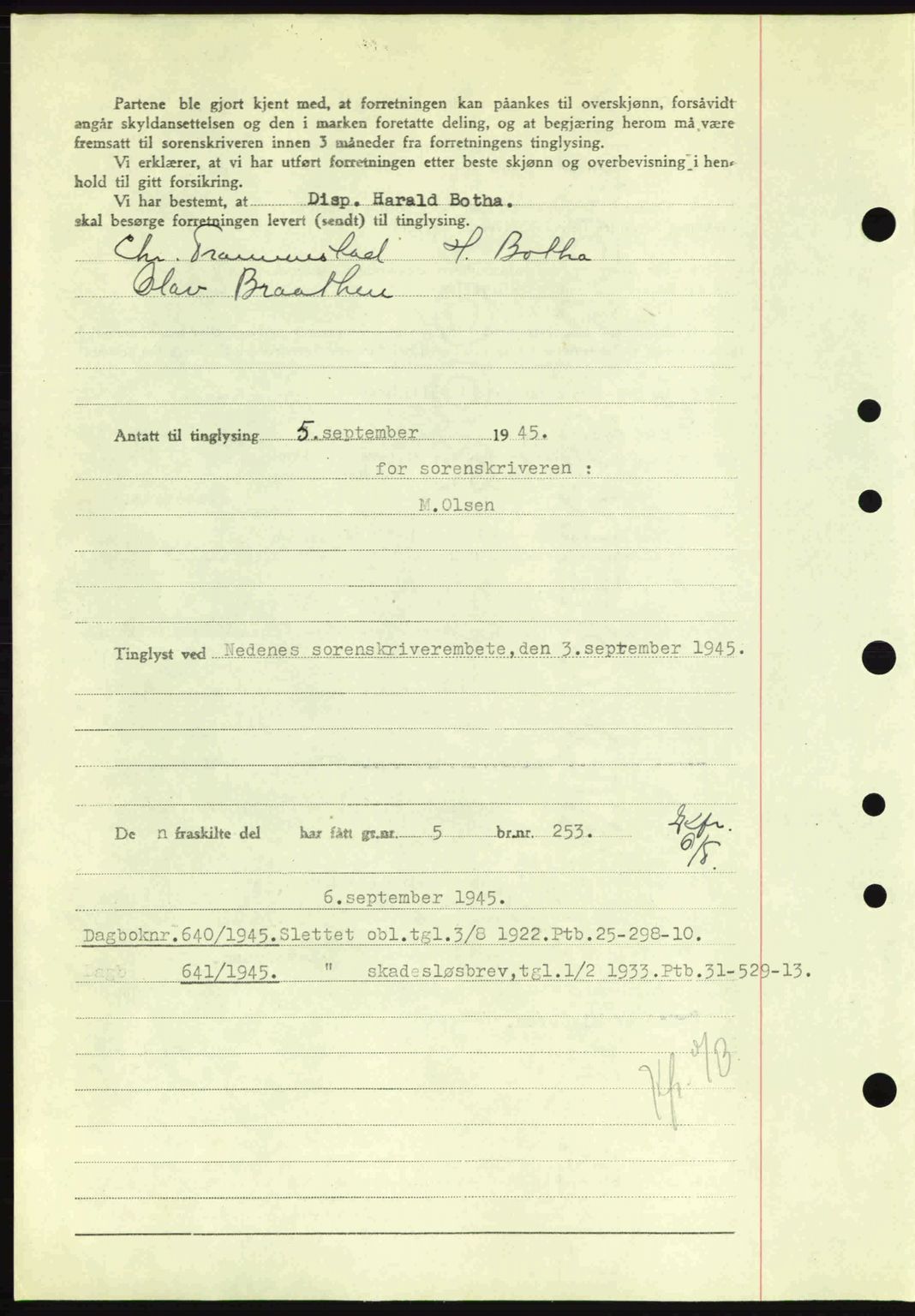 Nedenes sorenskriveri, SAK/1221-0006/G/Gb/Gba/L0052: Pantebok nr. A6a, 1944-1945, Dagboknr: 639/1945