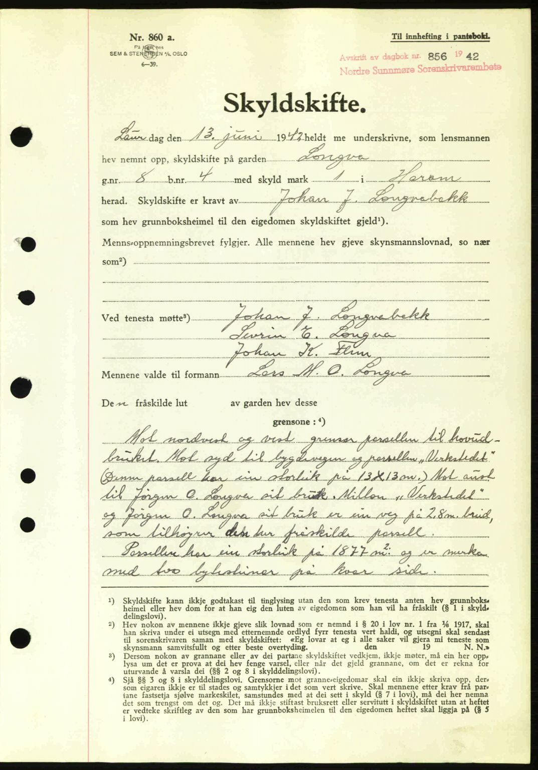 Nordre Sunnmøre sorenskriveri, SAT/A-0006/1/2/2C/2Ca: Pantebok nr. A13, 1942-1942, Dagboknr: 856/1942