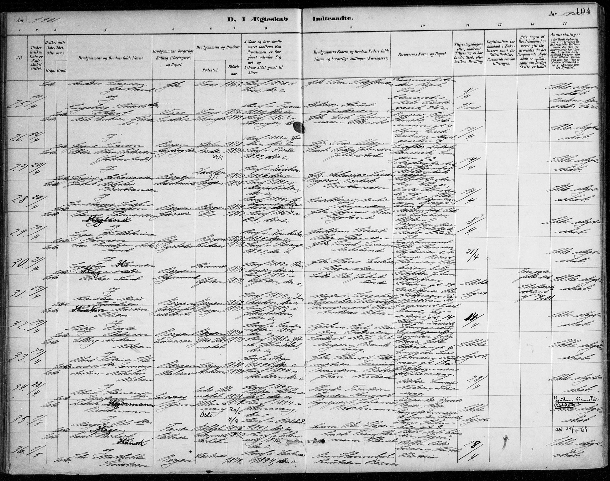 Johanneskirken sokneprestembete, AV/SAB-A-76001/H/Haa/L0012: Ministerialbok nr. D 1, 1885-1912, s. 104