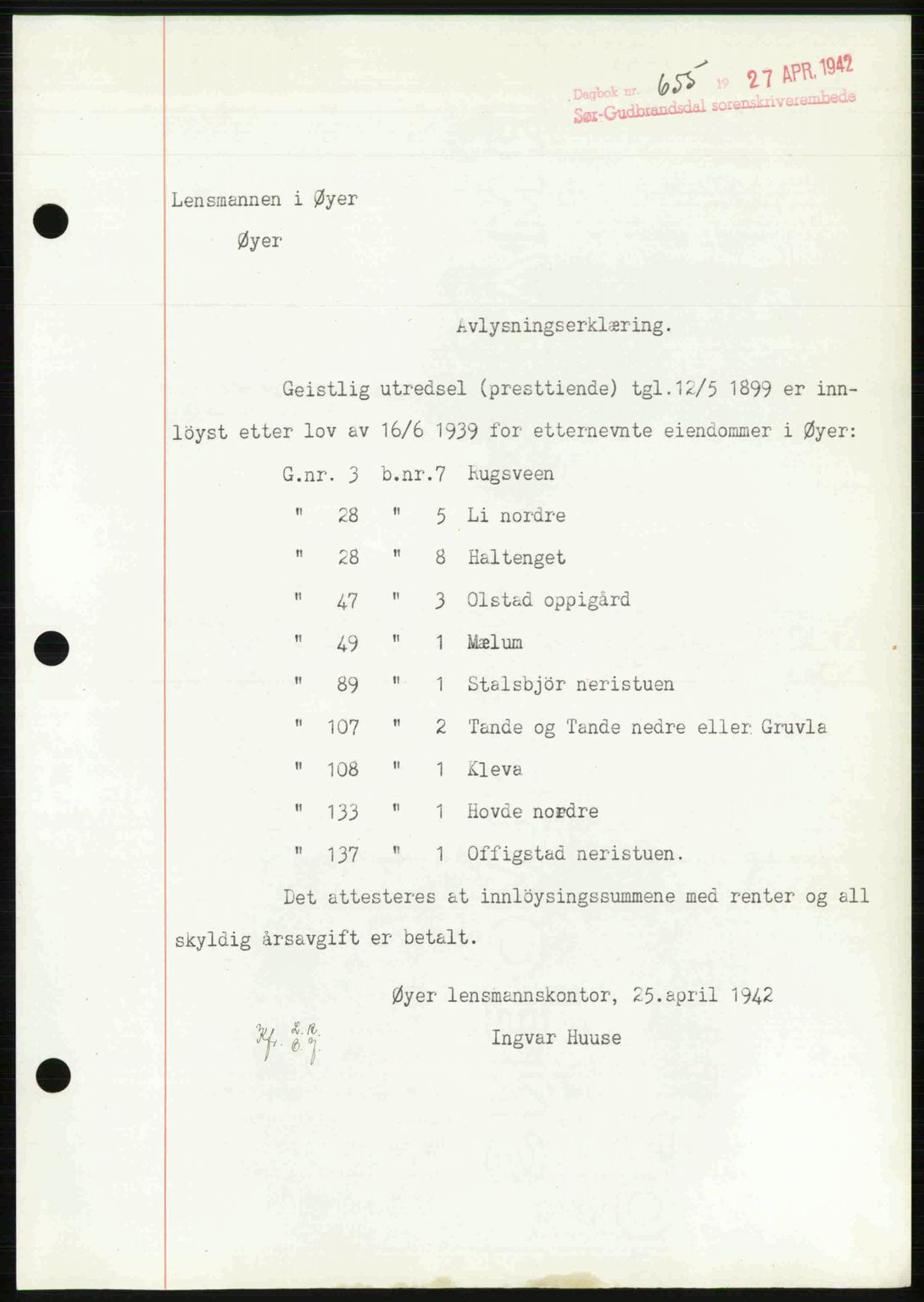 Sør-Gudbrandsdal tingrett, SAH/TING-004/H/Hb/Hbf/L0002: Pantebok nr. C1, 1938-1951, Dagboknr: 655/1942