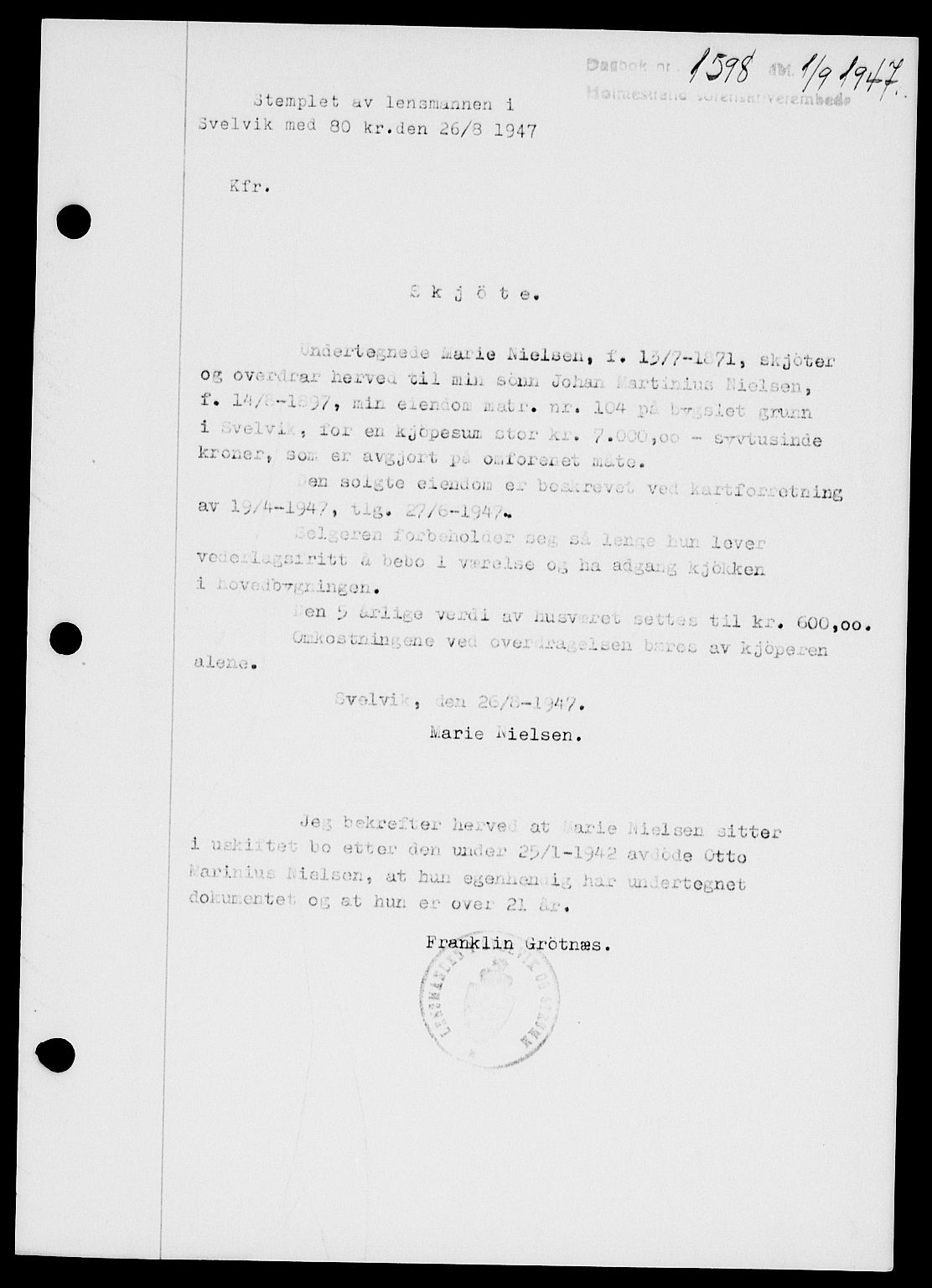 Holmestrand sorenskriveri, SAKO/A-67/G/Ga/Gaa/L0062: Pantebok nr. A-62, 1947-1947, Dagboknr: 1598/1947