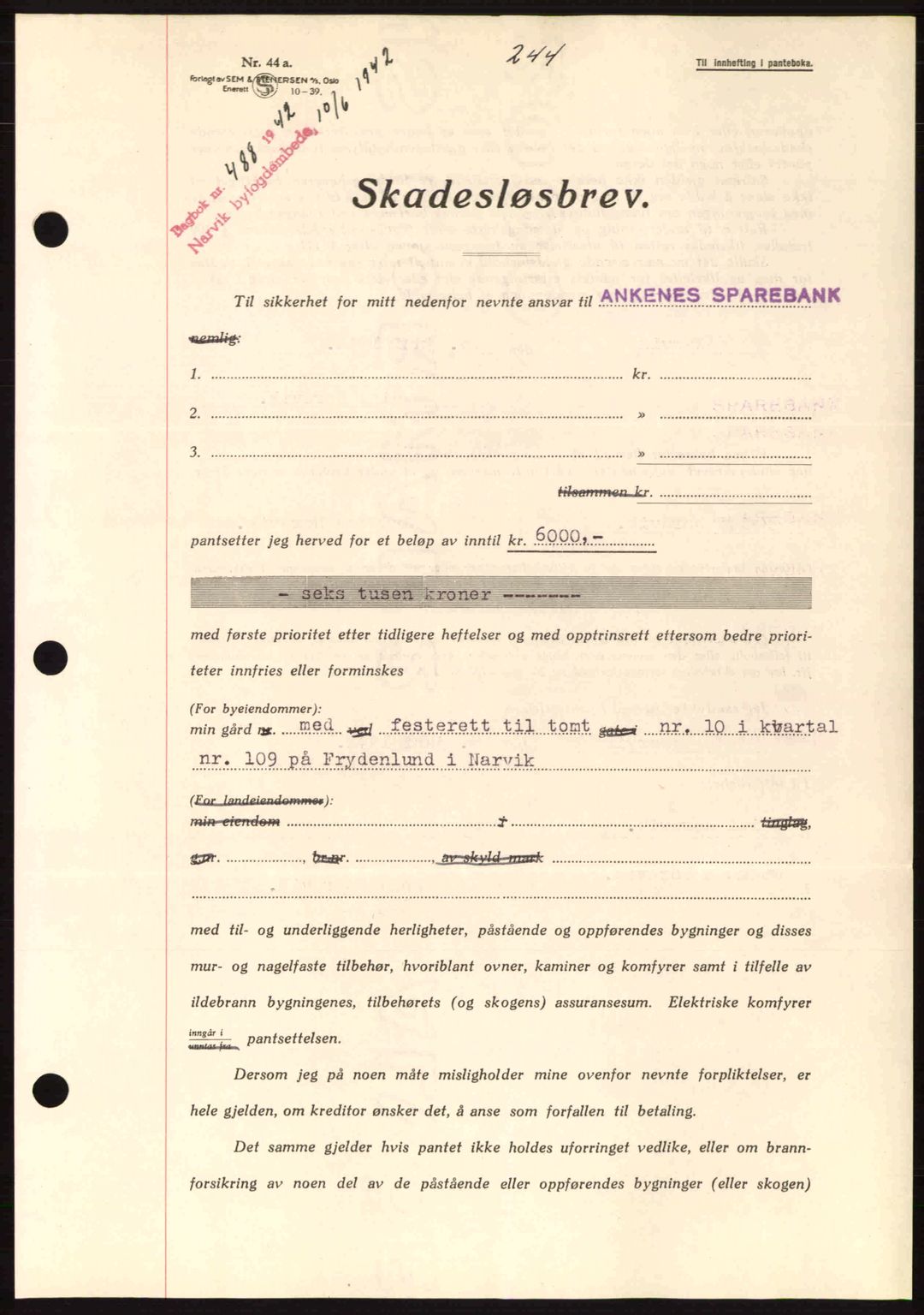 Narvik sorenskriveri, SAT/A-0002/1/2/2C/2Ca: Pantebok nr. A19, 1942-1943, Dagboknr: 488/1942