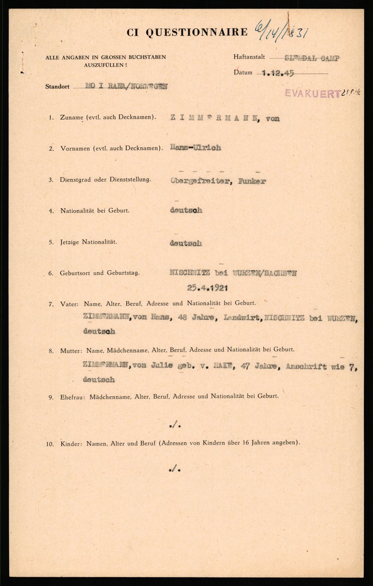 Forsvaret, Forsvarets overkommando II, AV/RA-RAFA-3915/D/Db/L0037: CI Questionaires. Tyske okkupasjonsstyrker i Norge. Tyskere., 1945-1946, s. 396