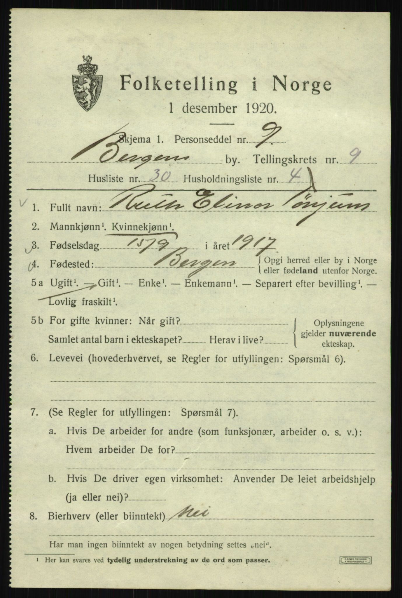 SAB, Folketelling 1920 for 1301 Bergen kjøpstad, 1920, s. 71321