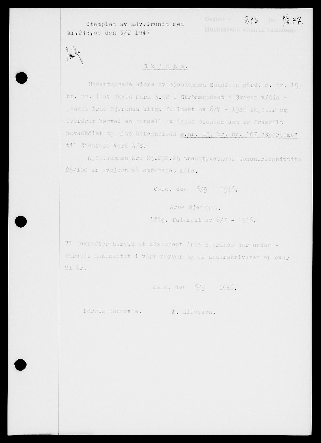 Holmestrand sorenskriveri, SAKO/A-67/G/Ga/Gaa/L0061: Pantebok nr. A-61, 1946-1947, Dagboknr: 216/1947