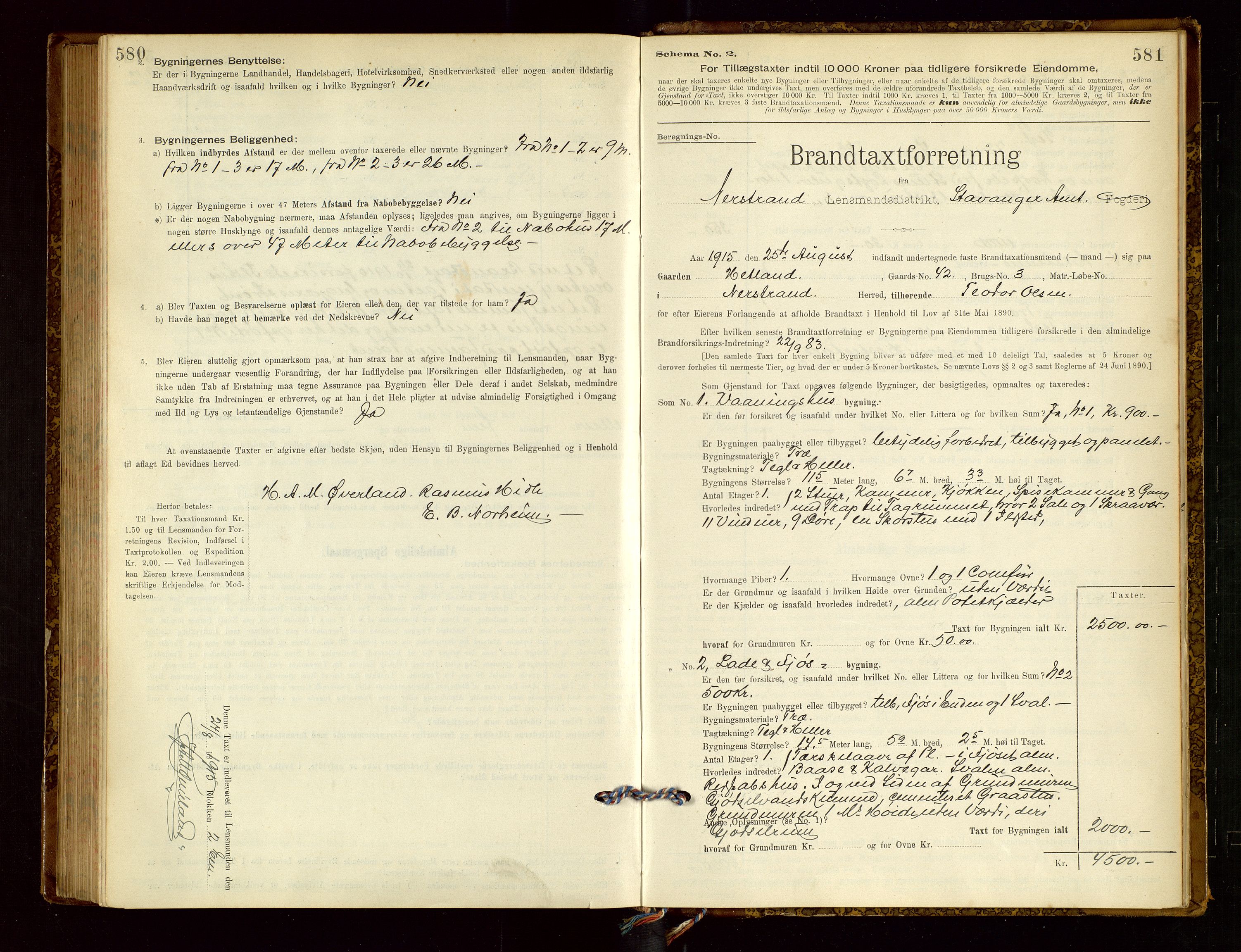 Nedstrand lensmannskontor, SAST/A-100236/Gob/L0001: "Brandtaxationsprotokol for Nerstrand Lensmandsdistrikt Ryfylke fogderi", 1895-1915, s. 580-581