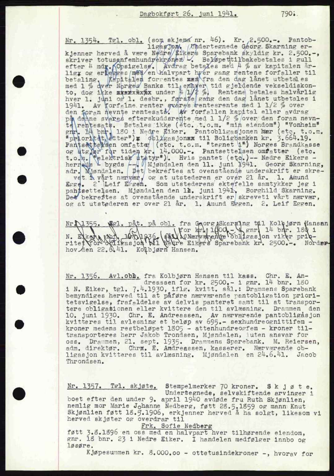 Eiker, Modum og Sigdal sorenskriveri, SAKO/A-123/G/Ga/Gab/L0043: Pantebok nr. A13, 1940-1941, Dagboknr: 1354/1941