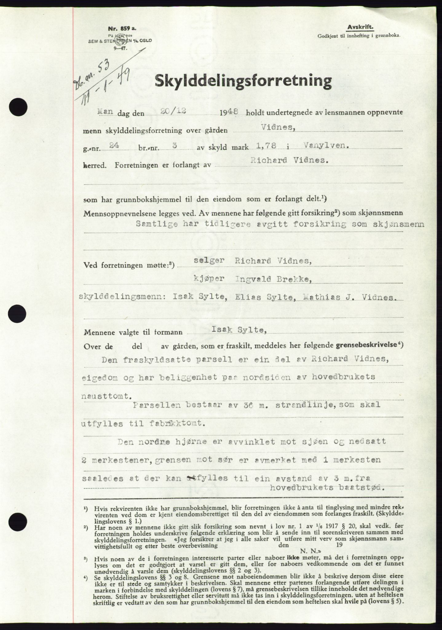 Søre Sunnmøre sorenskriveri, AV/SAT-A-4122/1/2/2C/L0083: Pantebok nr. 9A, 1948-1949, Dagboknr: 53/1949