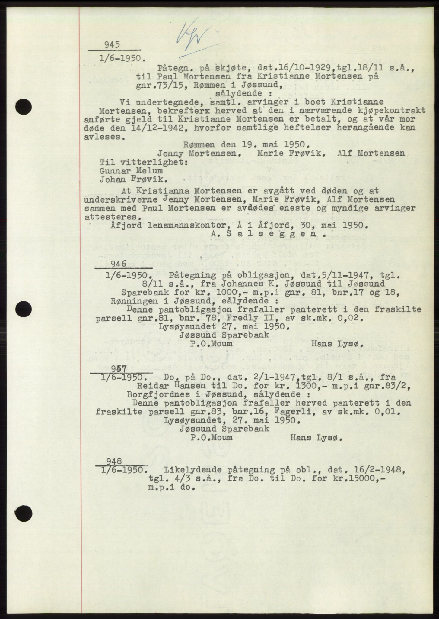 Fosen sorenskriveri, AV/SAT-A-1107/1/2/2C: Pantebok nr. B3, 1948-1950, Dagboknr: 945/1950