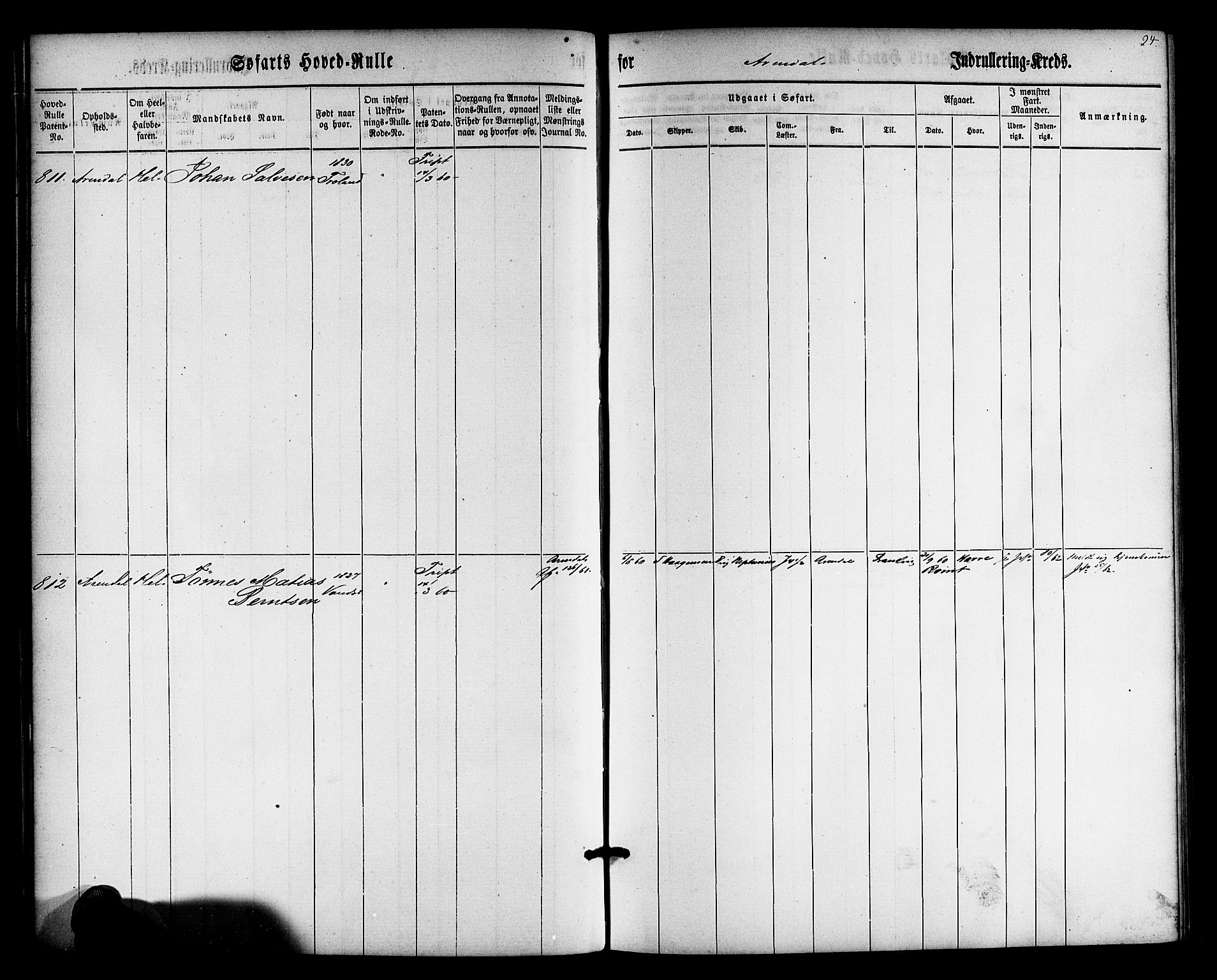 Arendal mønstringskrets, SAK/2031-0012/F/Fb/L0009: Hovedrulle nr 767-1532, S-7, 1857-1864, s. 24